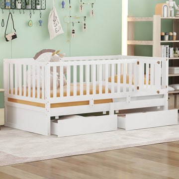 Twin Size Wood Daybed With Fence Guardrails And 2 Drawers, Split Into Independent Floor Bed & Daybed, White Old Sku :Lp000881Aak Twin White Solid Wood Mdf