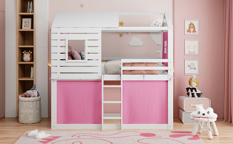 Twin Size Bunk Wood House Bed With Tent, Pink White Twin Pink White Solid Wood Mdf