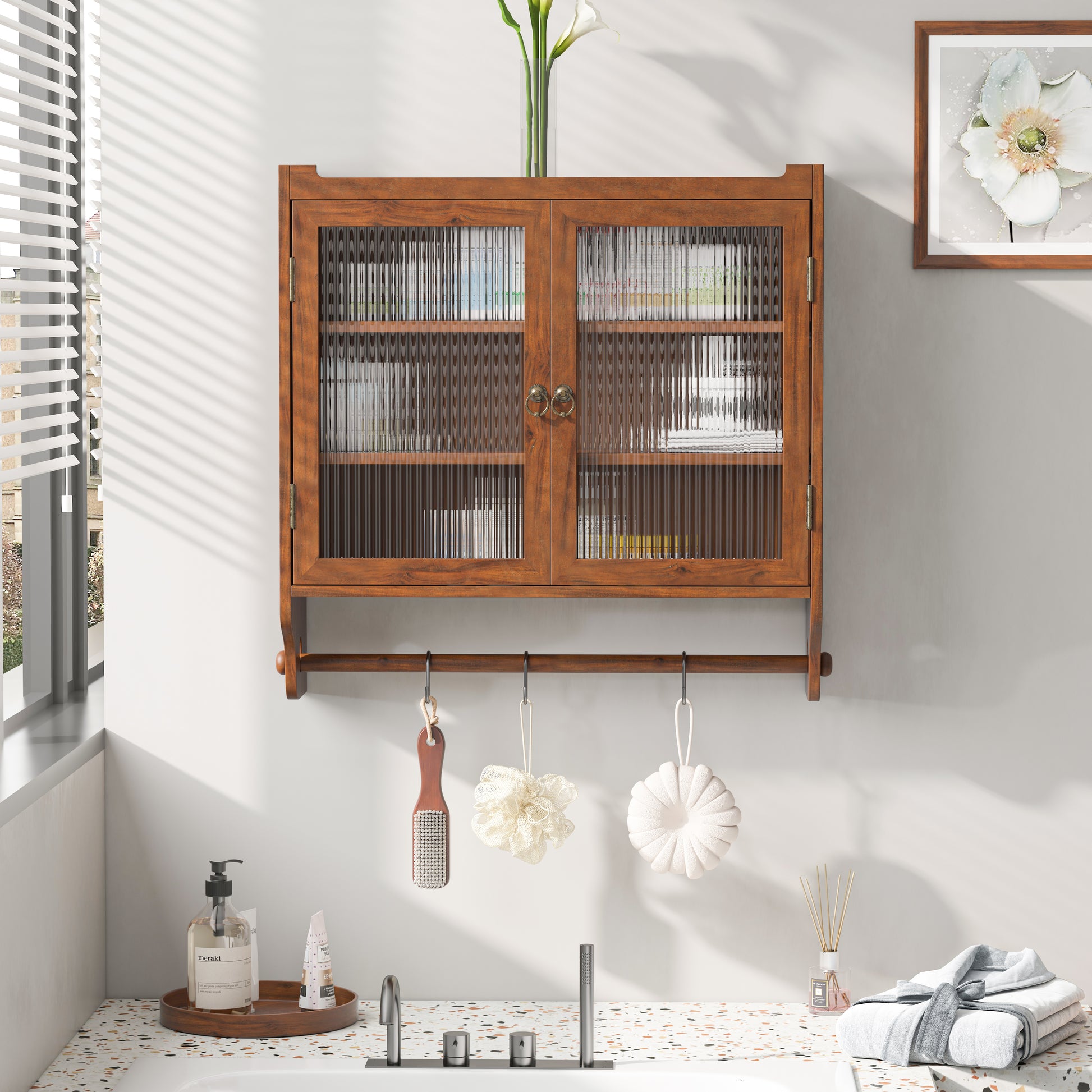 24.8"Glass Door Vintage Double Door Wall Cabinet With Three Tiers Of Storage With Towel Rack, For Bathroom, Kitchen,Dining Room,Brown Brown Glass