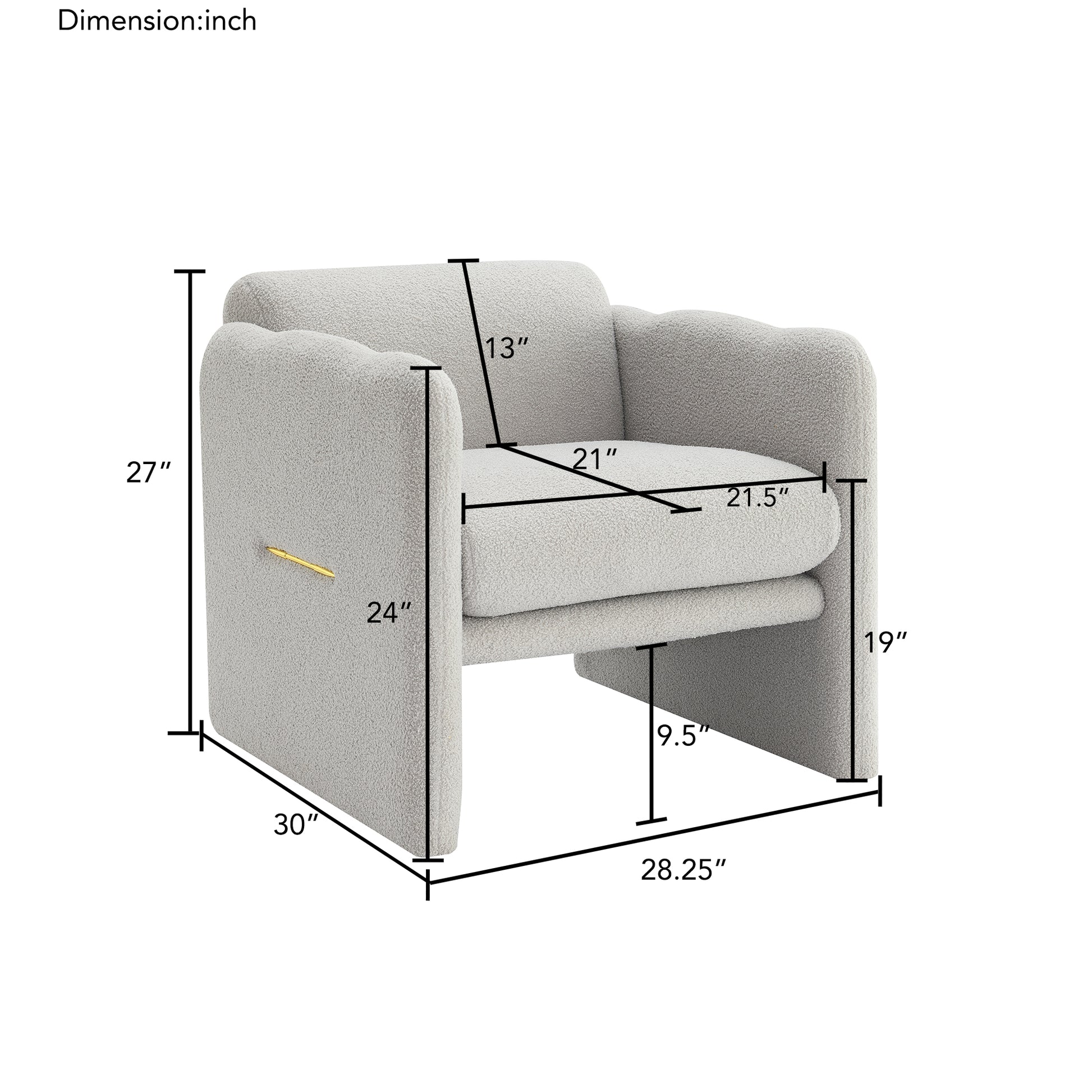 Arm Chair With Waved Arms, Metal Decoration On Both Side Arms, Accent Chair For Primary Living Space,Living Room,Bedroom, Teddy Fabric, Light Grey Light Grey Primary Living Space Modern Foam Plywood