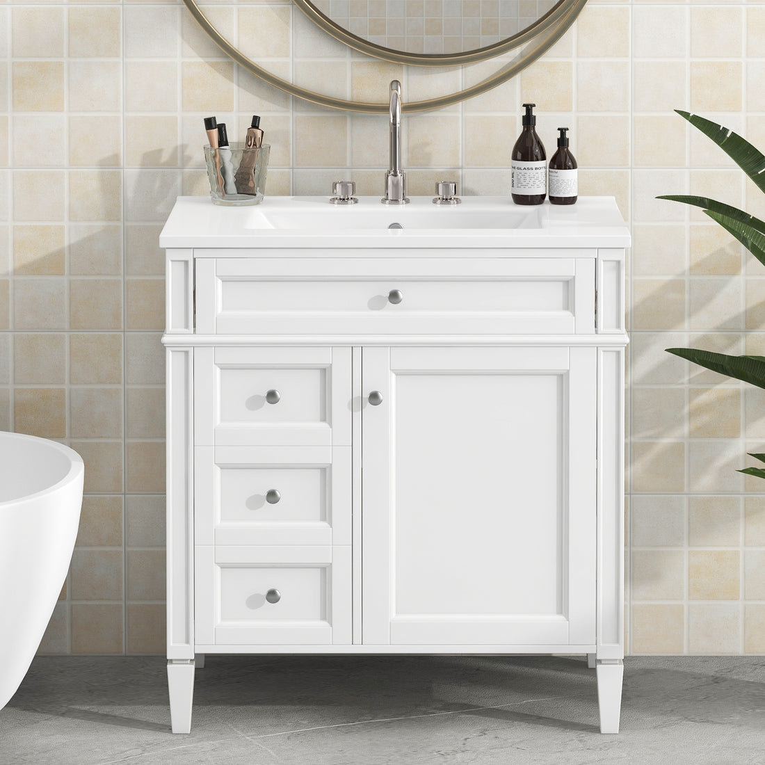 30'' Bathroom Vanity With Top Sink, Modern Bathroom Storage Cabinet With 2 Drawers And A Tip Out Drawer, Single Sink Bathroom Vanity White Bathroom Modern Mdf Ceramic,Solid Wood Mdf