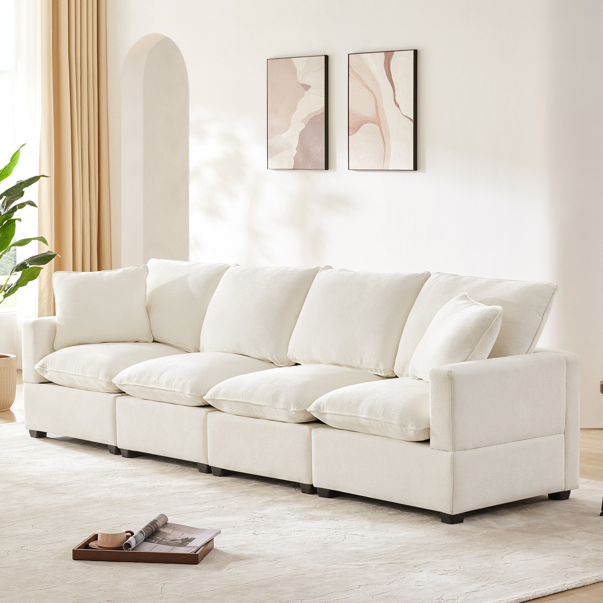 110*29" Modern Modular Sofa, 4 Seat Chenille Sectional Couch Set With 2 Pillows Included, Freely Combinable Indoor Funiture For Living Room, Apartment, Office, 2 Colors White Chenille 4 Seat