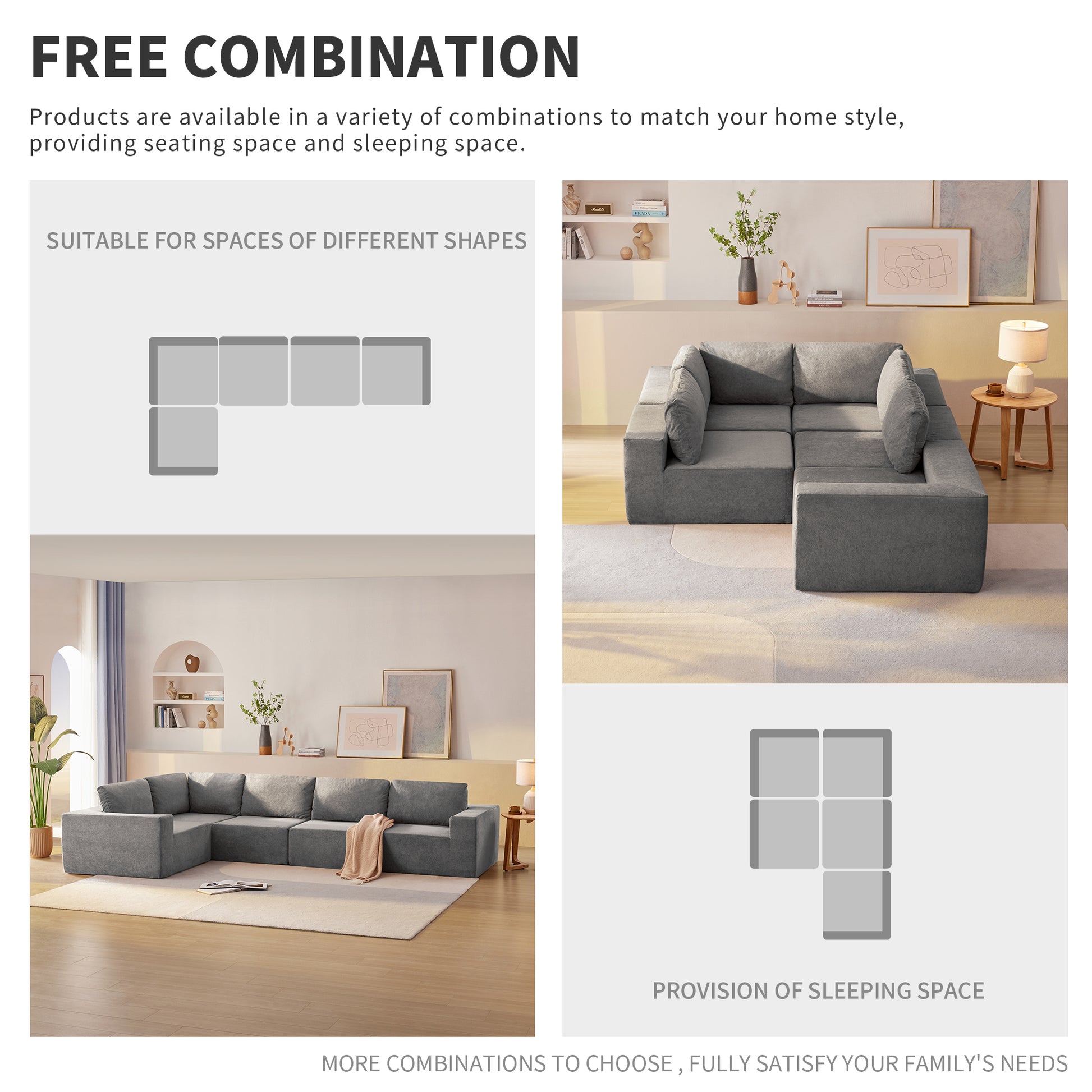 116*116" Modular L Shaped Sectional Sofa,Luxury Floor Couch Set,Upholstered Indoor Furniture,Foam Filled Sleeper Sofa Bed For Living Room,Bedroom,5 Pc Free Combination,3 Colors Gray Fabric 5 Seat