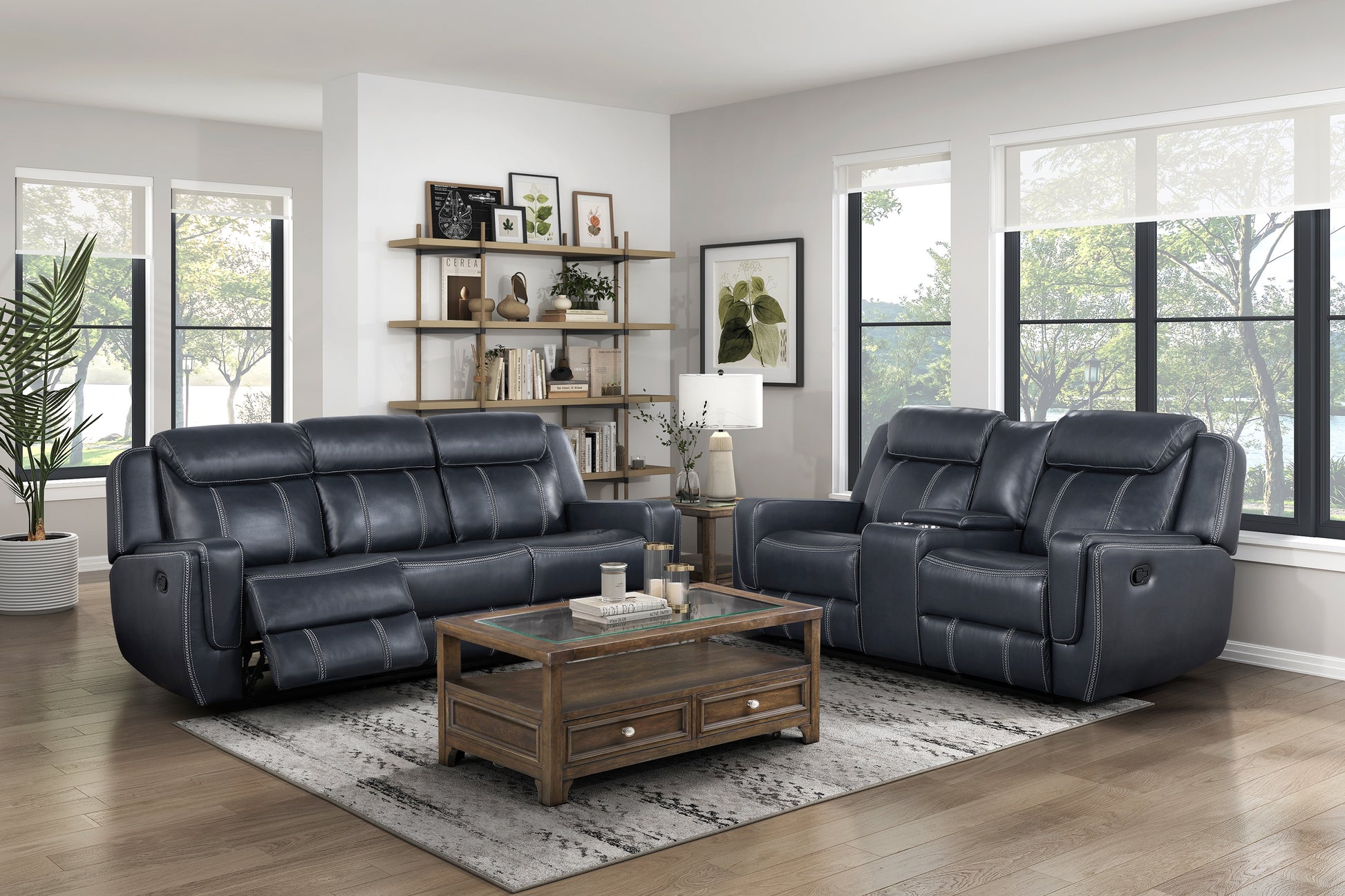 Modern Blue Dual Reclining Sofa With Center Drop Down Cup Holders,Faux Leather Upholstery, Usb Ports Living Room Furniture 1Pc Blue Faux Leather Wood Primary Living Space Modern Plywood,Solid Wood 3 Seat