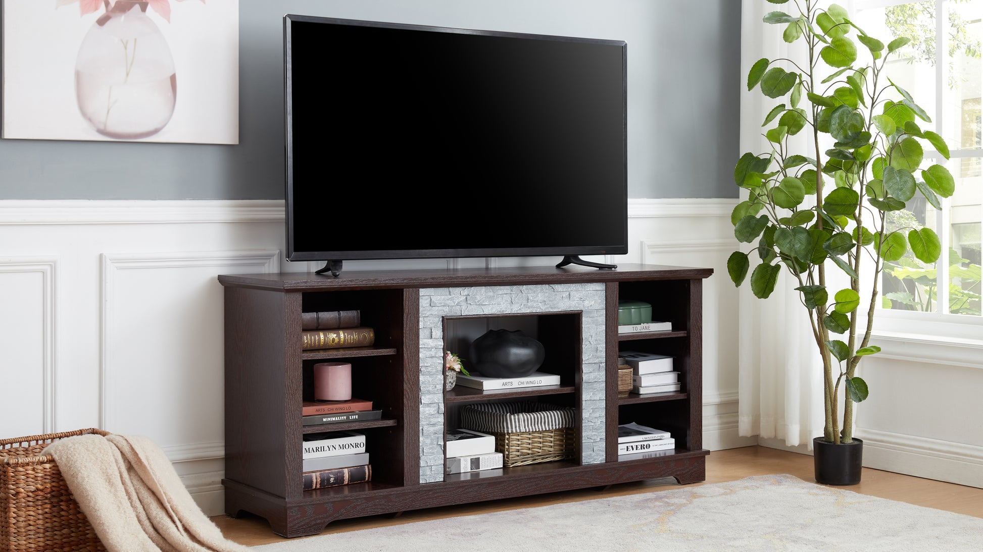 Tv Media Stand With With Faux Stacked Stone Surround, Modern Entertainment Console With Open Storage Space, Cherry, 58.31"W*15.39"D*26.06"H Cherry 60 69 Inches Mdf