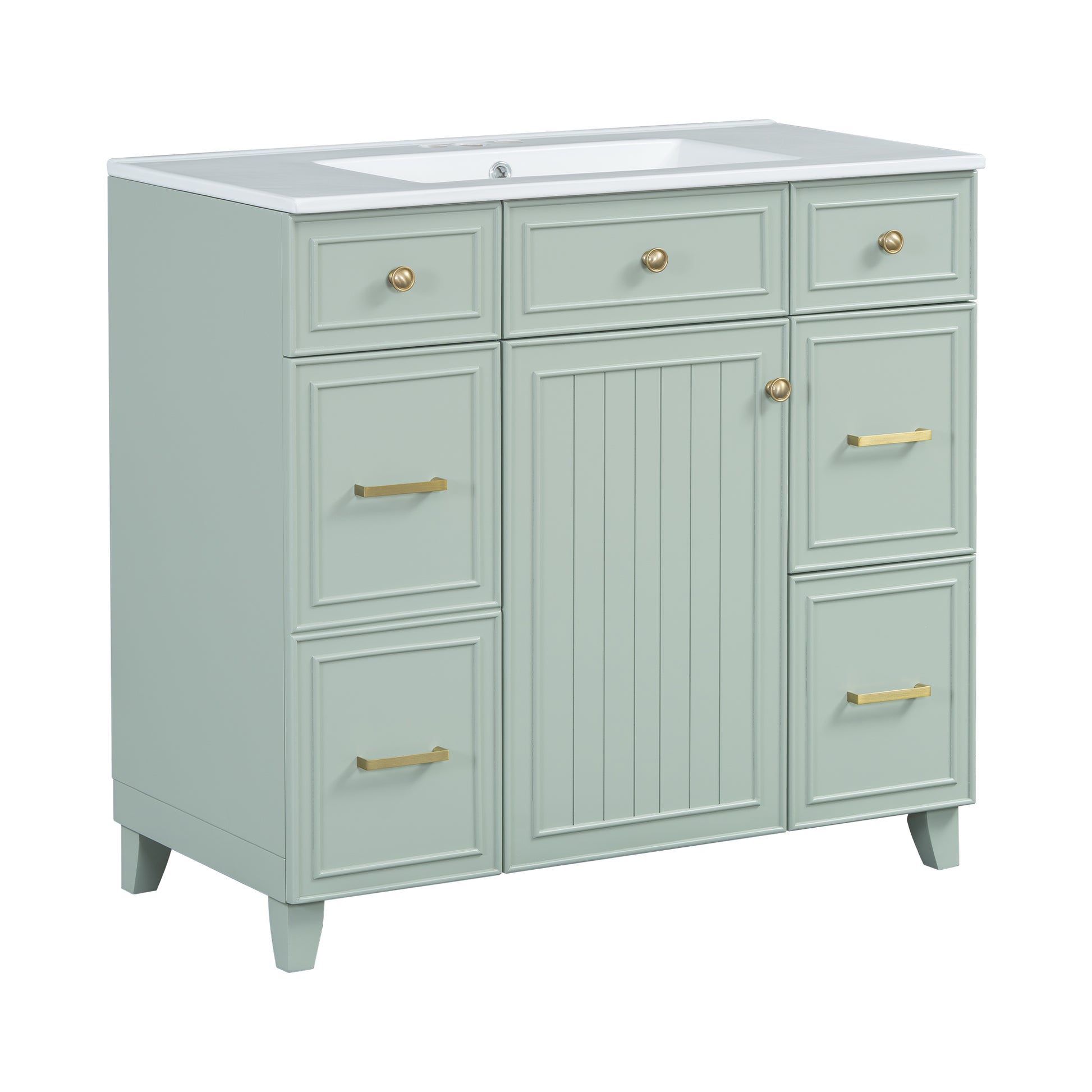 36" Bathroom Vanity With Ceramic Sink, Green, Solid Wood Frame, Soft Close Doors, Adjustable Shelves, 3 Drawers ,Including Double Depth Drawer For Hairdryer Storage Old Sku:Sv000003Aag 1 Green