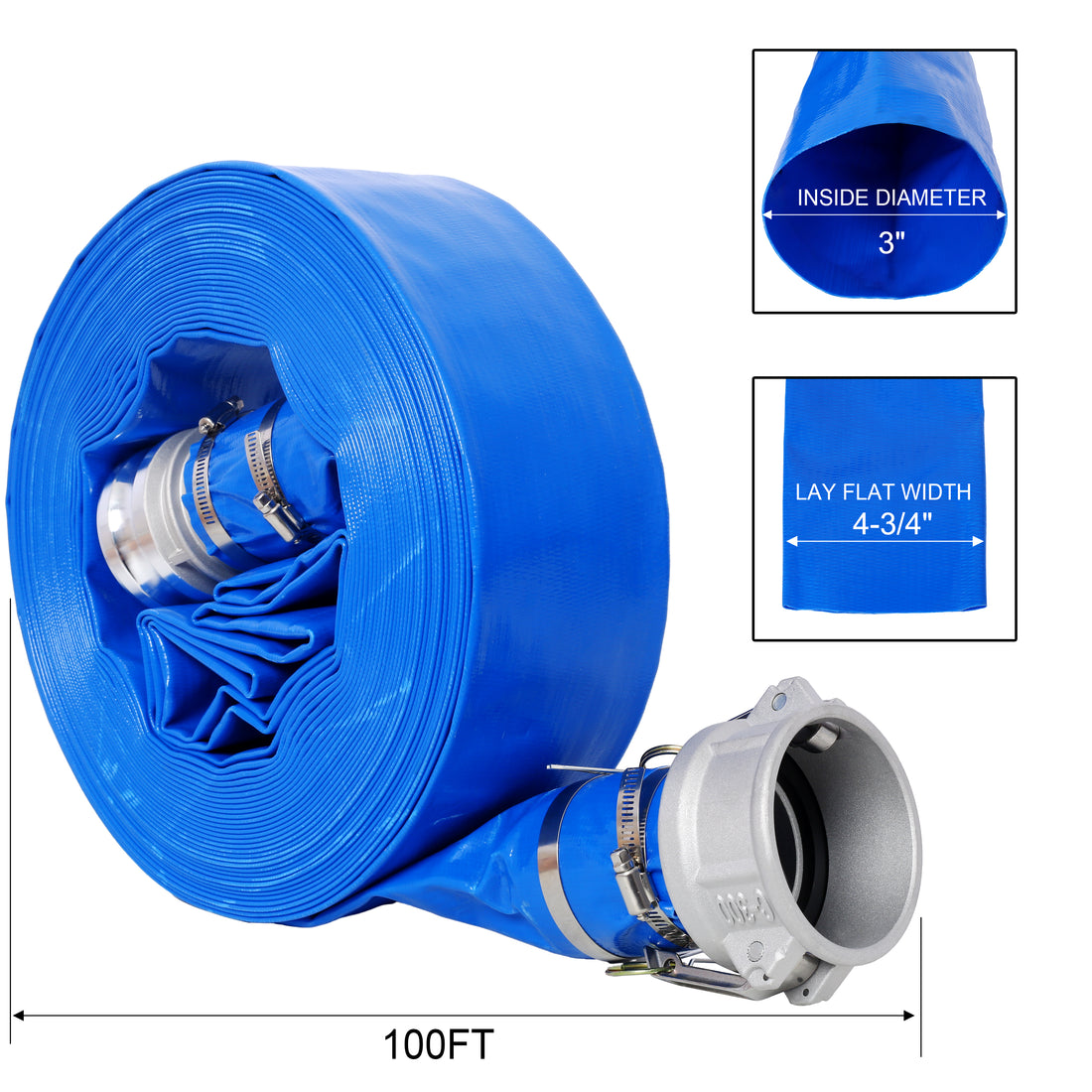 3"X100Ft Pool Backwash Hose, Heavy Duty Reinforced Blue Pvc Lay Flat Water Discharge Pump Hoses For Swimming Drain Pools And Clean Filters, With Aluminum Camlock C And E Fittings Blue Pvc