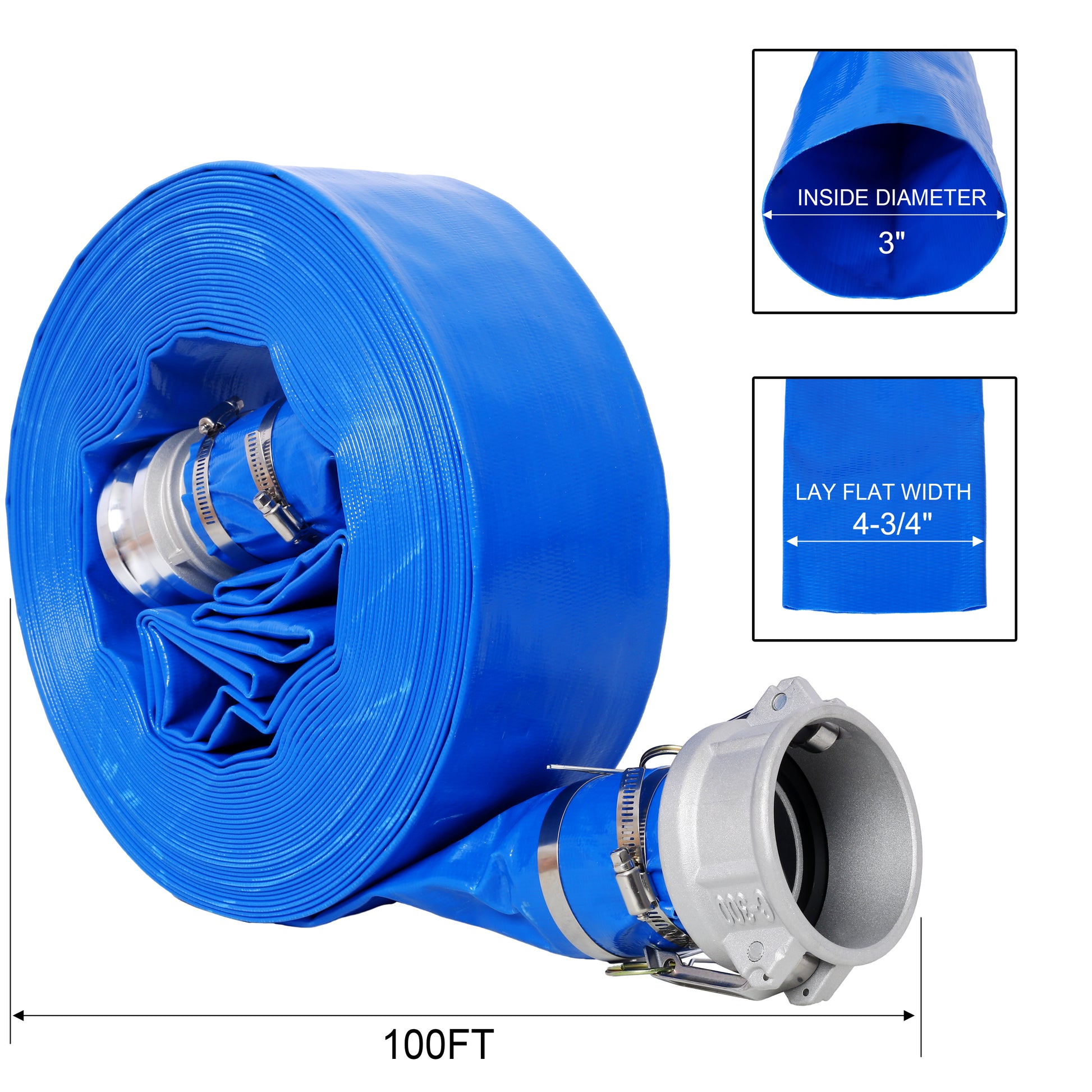 3"X100Ft Pool Backwash Hose, Heavy Duty Reinforced Blue Pvc Lay Flat Water Discharge Pump Hoses For Swimming Drain Pools And Clean Filters, With Aluminum Camlock C And E Fittings Blue Pvc