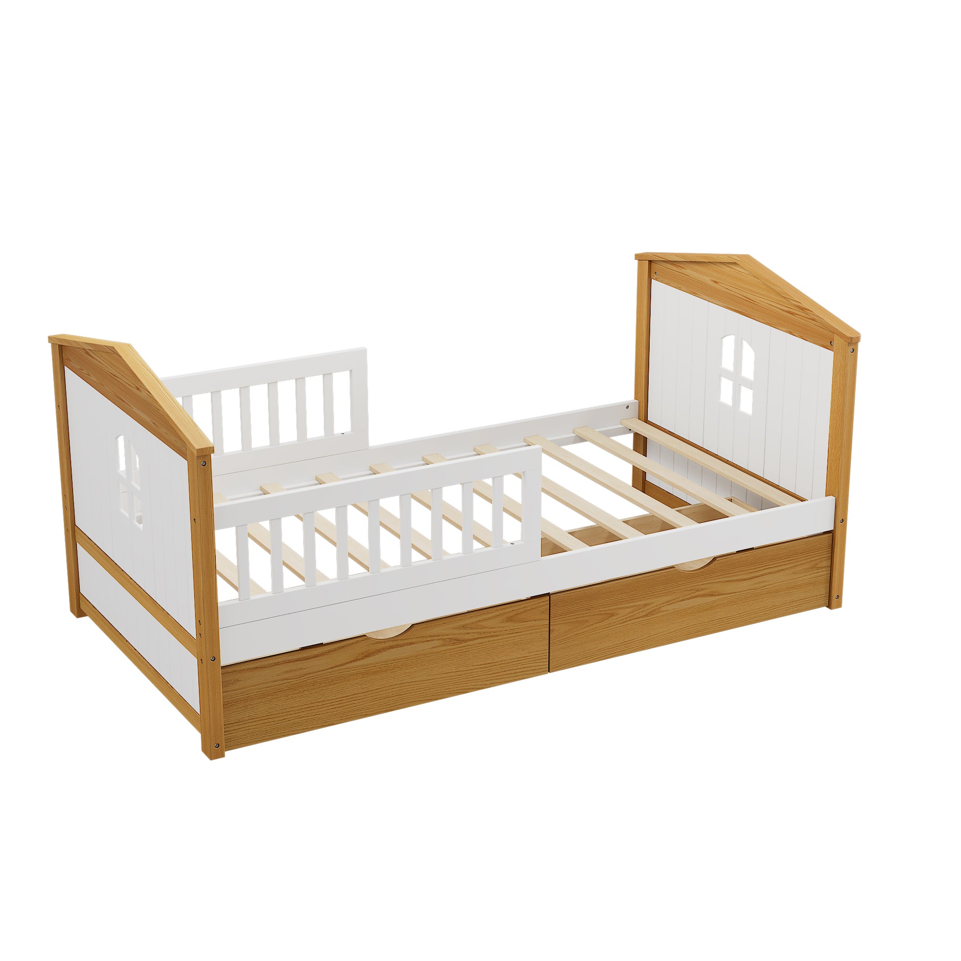 Twin Size House Shape Bed With Two Drawers Wooden Bed For Girls Boys Teens, No Box Spring Needed, Walnut And White Box Spring Not Required Twin White Walnut Wood Bedroom Cute Pine Bed Frame Wood