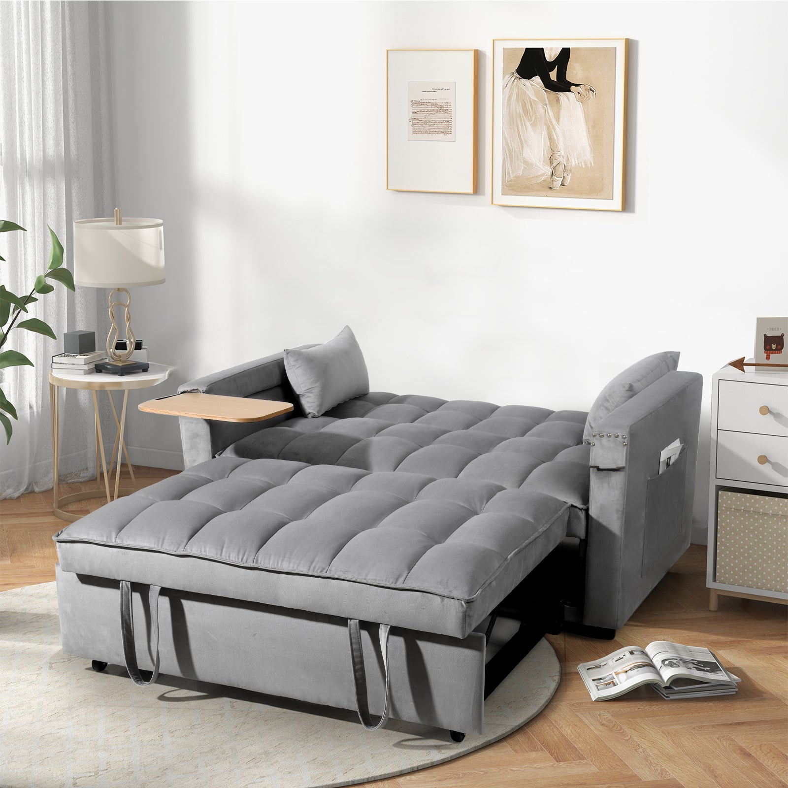 Convertible Sofa Bed In 3 Lengths, Modern Velvet Pull Out Bed, Adjustable Back And With Usb Port And Hidden Laptop Desk Table For Living Room, Small Space,Grey Grey Velvet 2 Seat