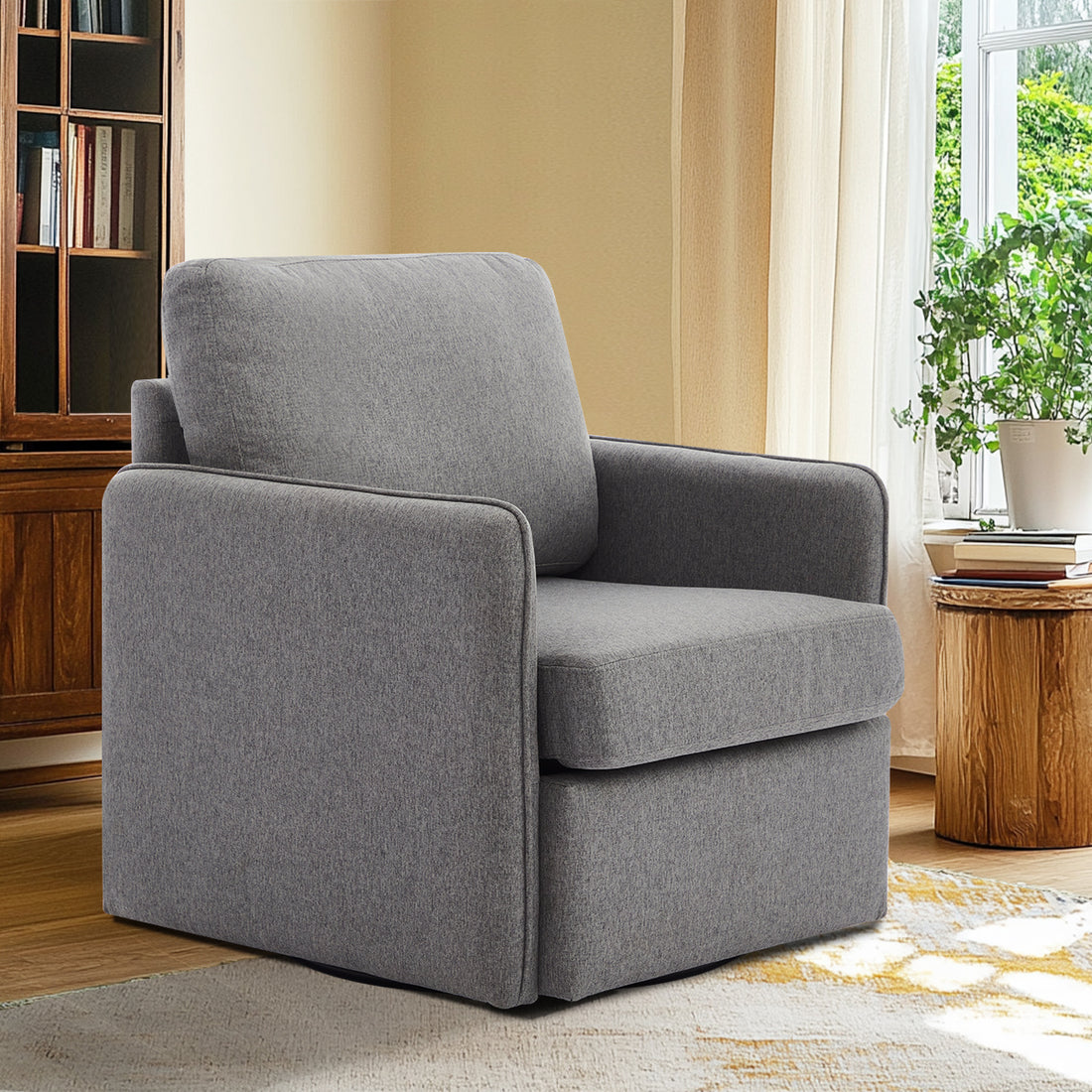 Swivel Accent Chair, Comfy Single Sofa Chair With Storage, Modern Arm Chair For Living Room, Fabric Swivel Armchair With Metal Base Gary Gray Silver Linen