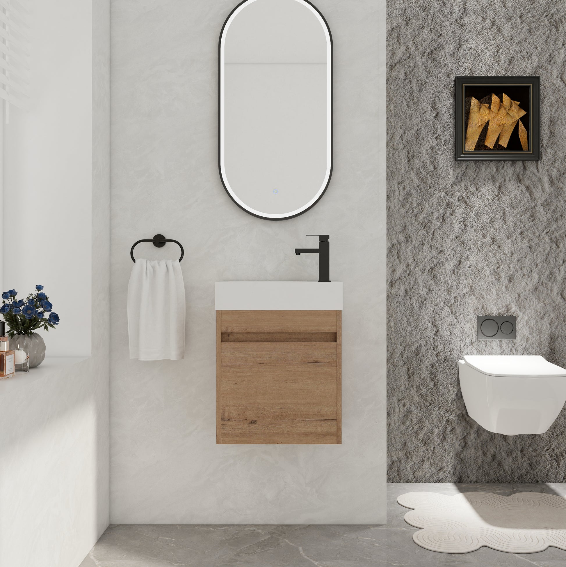 18'' Floating Wall Mounted Bathroom Vanity With White Resin Sink & Soft Close Cabinet Door Imitative Oak 1 1 Soft Close Doors Bathroom Wall Mounted Modern Plywood Plywood