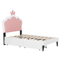 Twin Size Upholstered Princess Bed With Crown Headboard And 2 Drawers,Twin Size Platform Bed With Headboard And Footboard, Pink White Twin White Pu