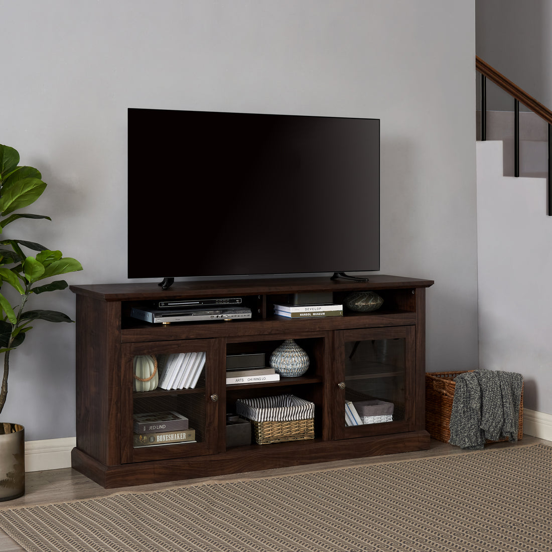 Modern Tv Stand Media Stand Modern Entertainment Console For Tv Up To 65" With Glass Door Open And Closed Storage Space, Brown, 60"W*15.75"D*29"H Brown 60 69 Inches Mdf