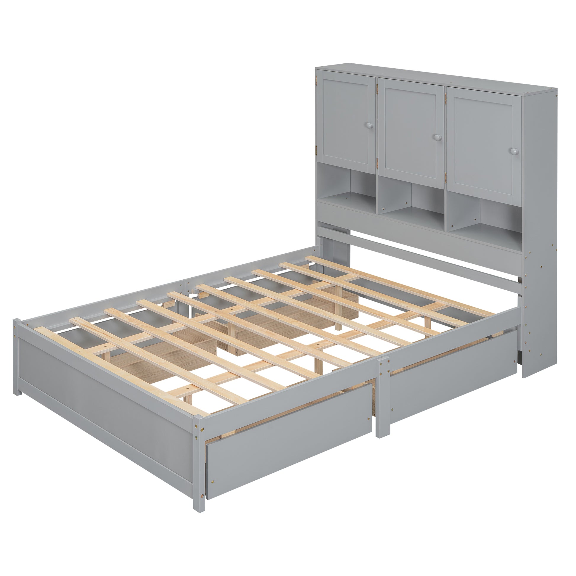 Queen Size Platform Bed With Storage Headboard And 4 Drawers, Gray Box Spring Not Required Queen Gray Wood Bedroom Bed Frame Solid Wood Mdf