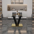 Table And Chair Set. A Rectangular Glass Dining Table With A 0.4 Inch Tempered Glass Tabletop And Mdf Board V Shaped Bracket, Paired With Chairs Consisting Of Pu Seat Cushions And Silver Metal Legs. Black Gray Seats 4 Tempered Glass