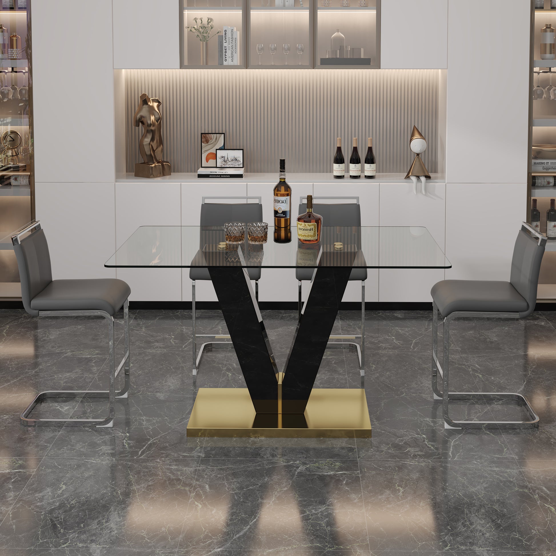 Table And Chair Set. A Rectangular Glass Dining Table With A 0.4 Inch Tempered Glass Tabletop And Mdf Board V Shaped Bracket, Paired With Chairs Consisting Of Pu Seat Cushions And Silver Metal Legs. Black Gray Seats 4 Tempered Glass