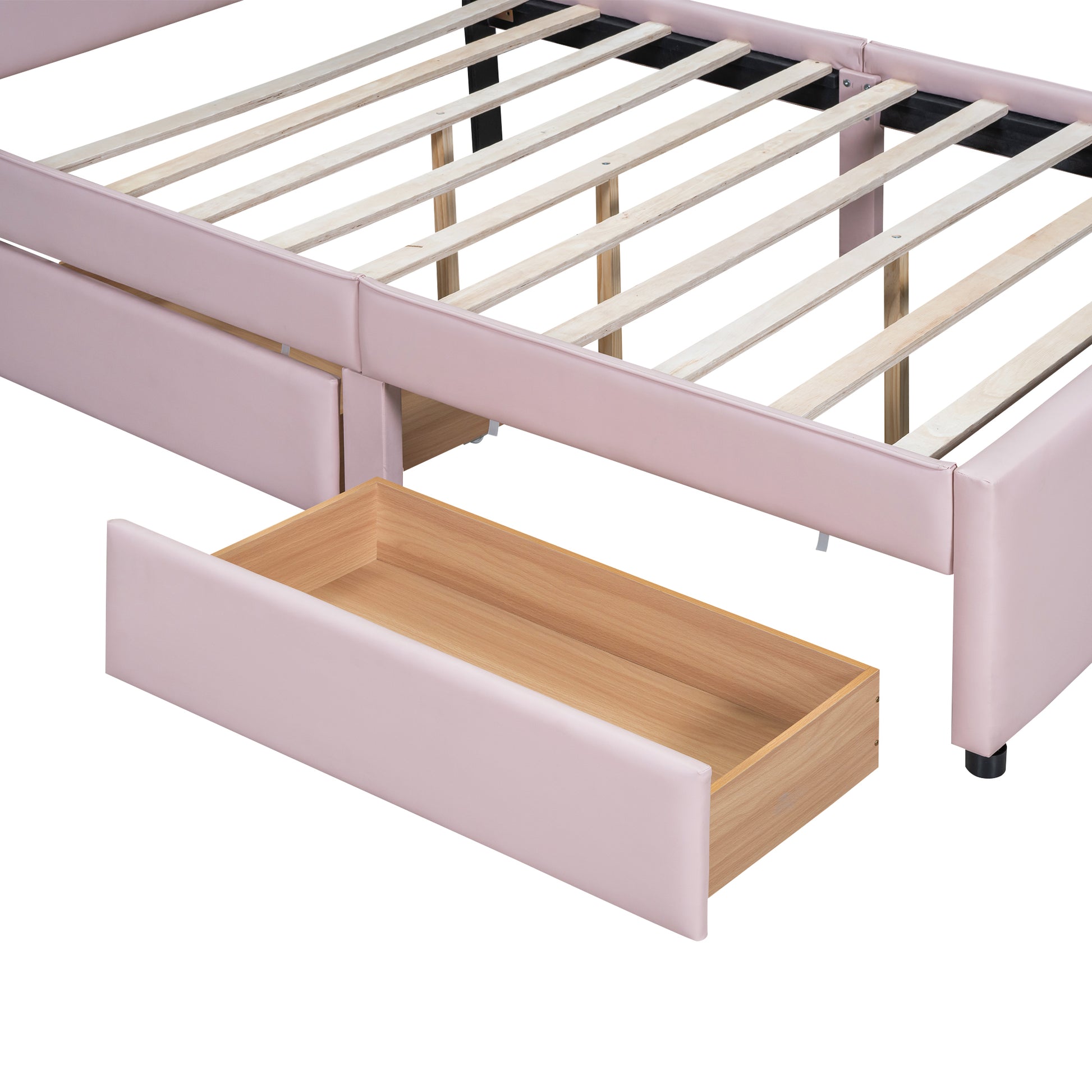 Full Size Upholstered Platform Bed With Cartoon Ears Shaped Headboard And 2 Drawers, Pink Box Spring Not Required Full Pink Wood Bedroom Bed Frame Faux Leather Upholstered