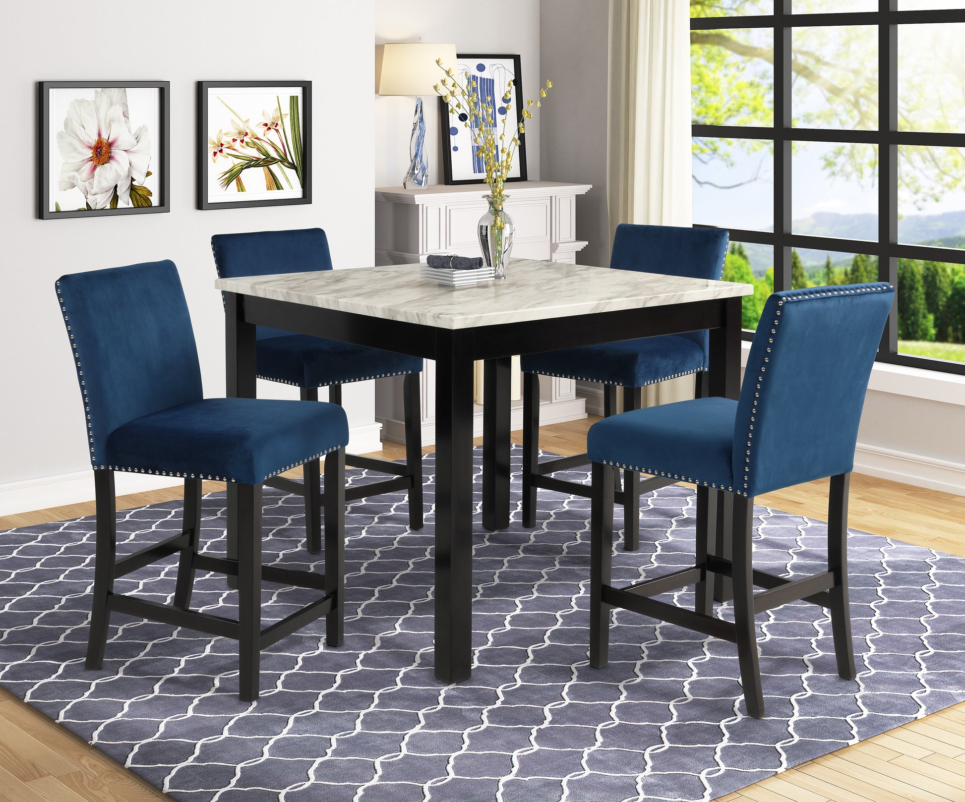 5Pc Counter Height Dining Set Square White Faux Marble Table Blue Velvet Upholstered Tufted Nail Head Chairs Wooden Leg Dining Room Furniture Black Wood Faux Marble Black,Blue,White Seats 4 Wood