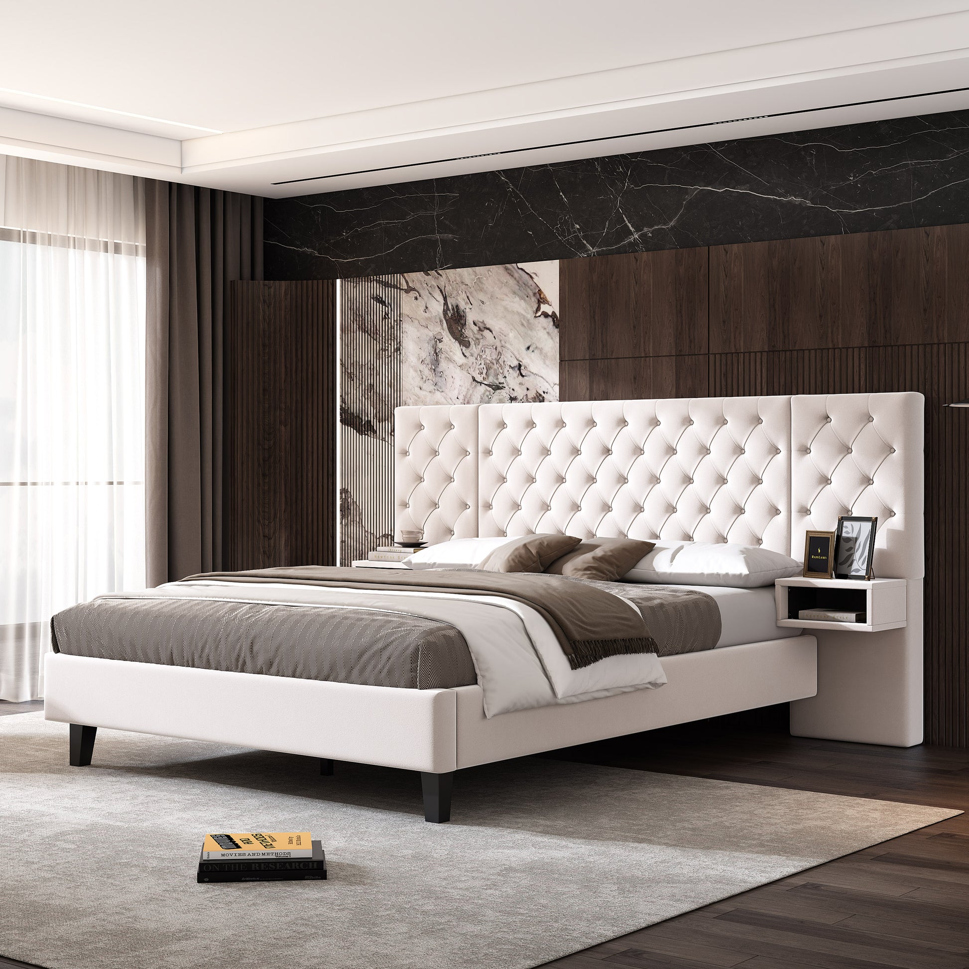 Queen Size Platform Bed With Headboard, Modern Velvet Upholstered Platform Bed With 2 Nightstands, With Diamond Tufted, Beige Box Spring Not Required Queen Beige Wood Velvet