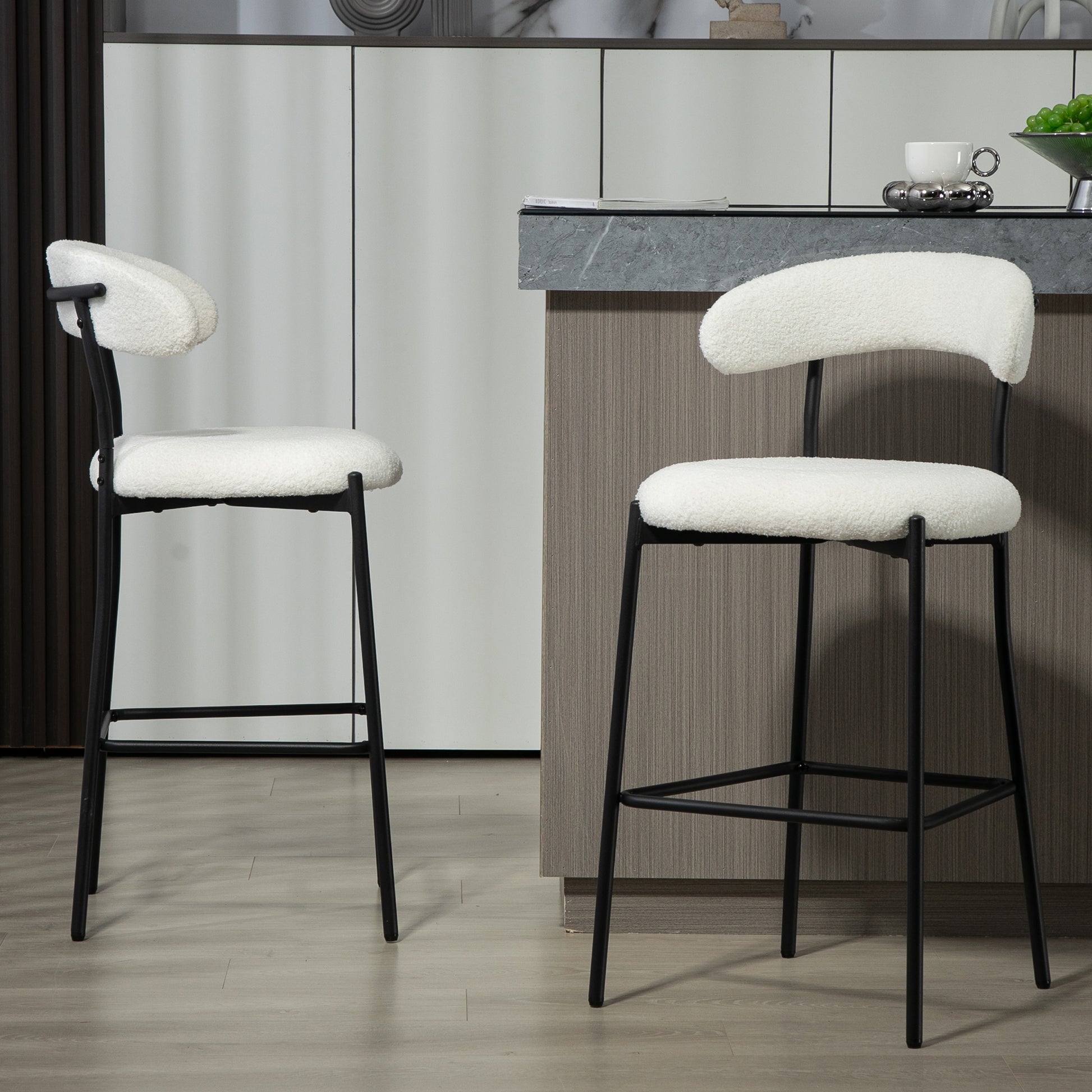 26'' Counter Height Bar Stools Teddy Fabric Cover Kitchen Island Counter Bar Stool With Black Powder Coating Base And Footrest Snow Cushion Metal White Kitchen Foam Modern Bar Stools Open Back 1 Foam Teddy