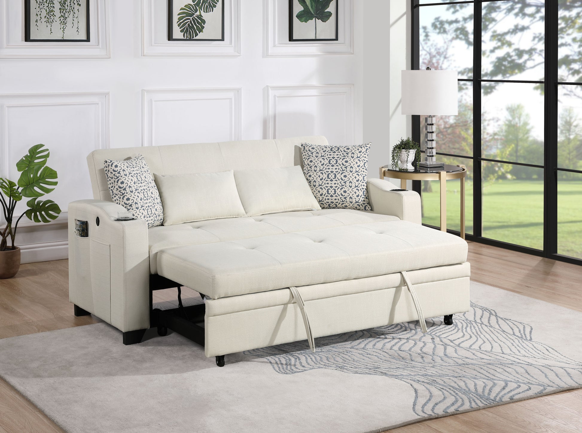 Bennett 71"W Beige Fabric Convertible Sleeper Loveseat With Usb Charger And Cupholders Beige Fabric