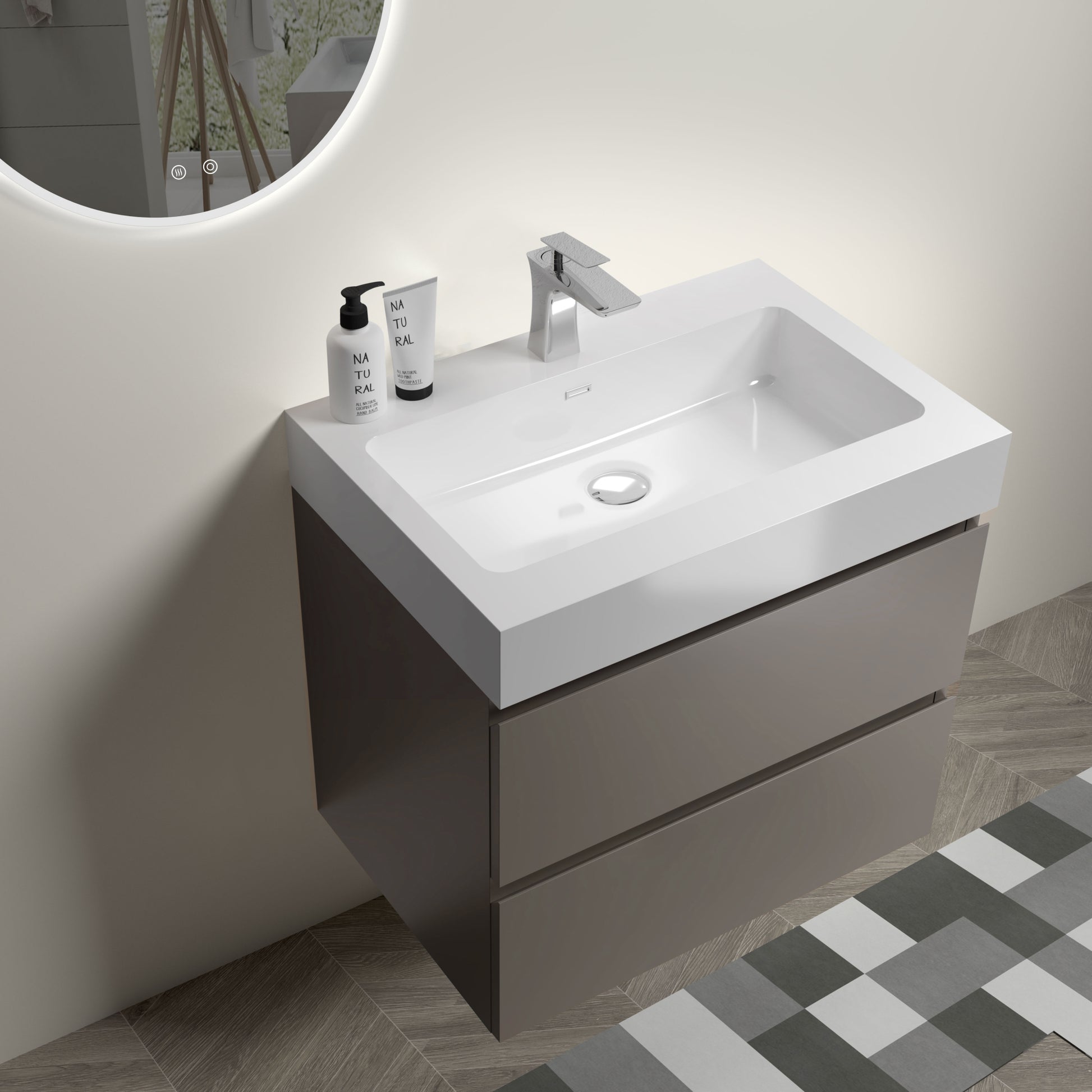 Alice 24" Gray Bathroom Vanity With Sink, Large Storage Wall Mounted Floating Bathroom Vanity For Modern Bathroom, One Piece White Sink Basin Without Drain And Faucet, Pre Assembled Gray Bathroom Modern Particle Board