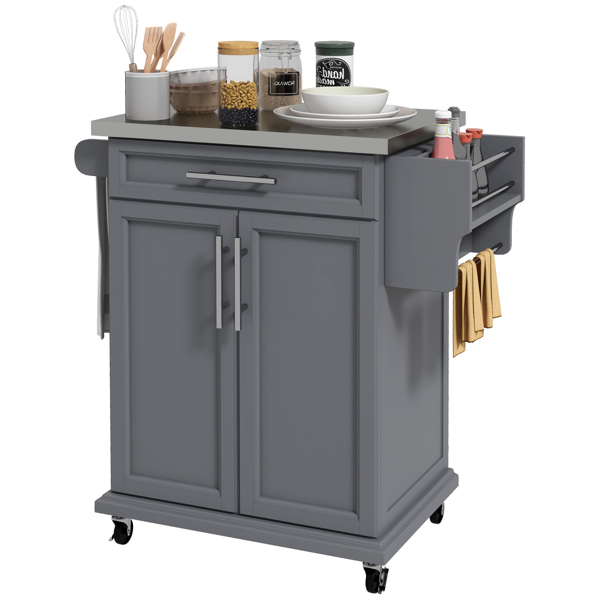 Homcom Kitchen Island On Wheels, Rolling Kitchen Cart With Stainless Steel Countertop, Drawer, Towel Rack And Spice Rack, Utility Storage Trolley, Gray Grey Wood