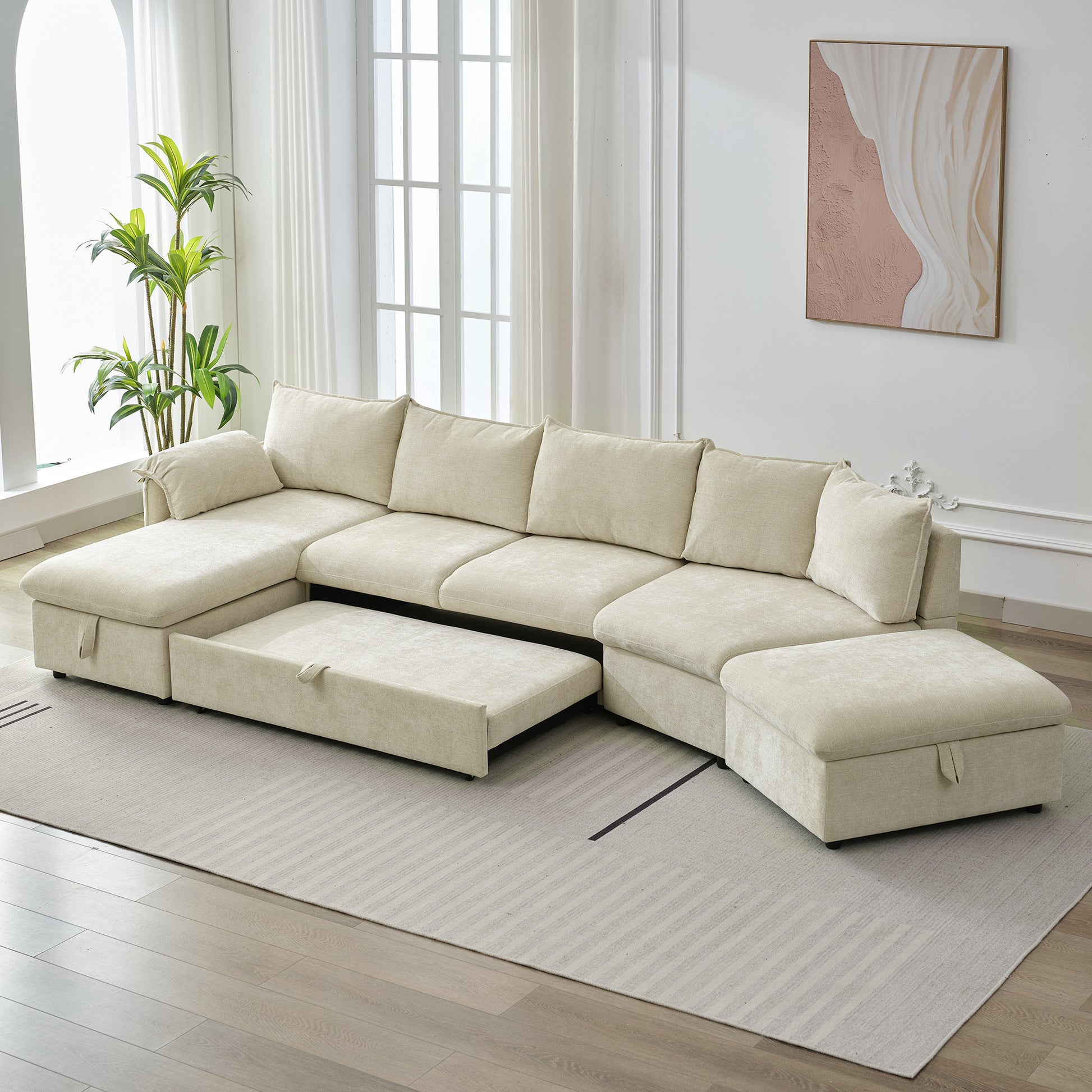 146.9" L Shaped Sofa Sectional Sofa Couch Pull Out Sofa Bed With A Movable Storage Ottoman, A Storage Chaise Lounge And Two Usb Ports For Living Room, Beige Beige Foam Linen 5 Seat