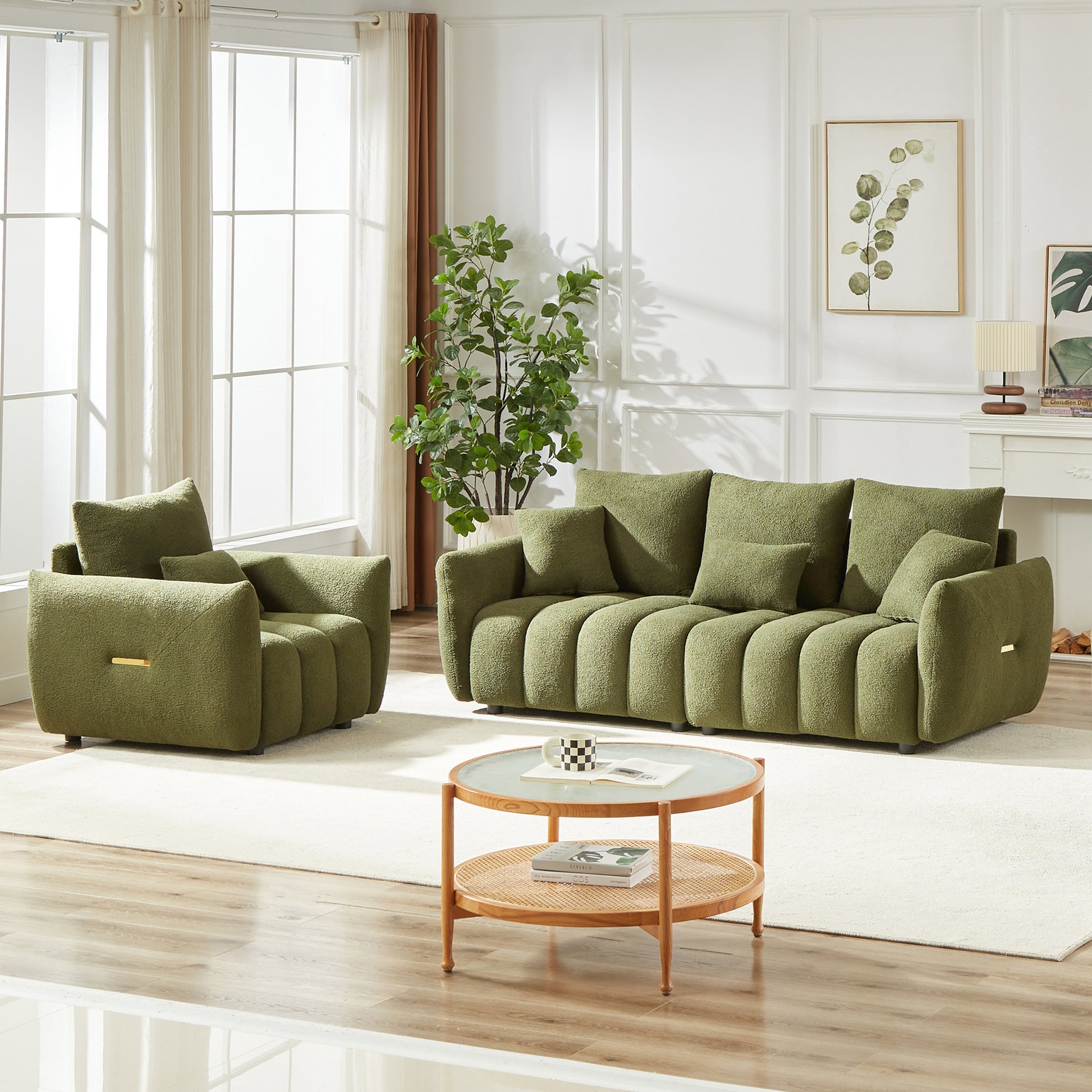 3 Seater 1 Seater Combo Sofa Modern Living Room Sofa, Teddy Sofa, Wooden Frame, 4 Cushions, Apartment Sofa Furniture Green Wood Primary Living Space Pine Foam Fabric 4 Seat