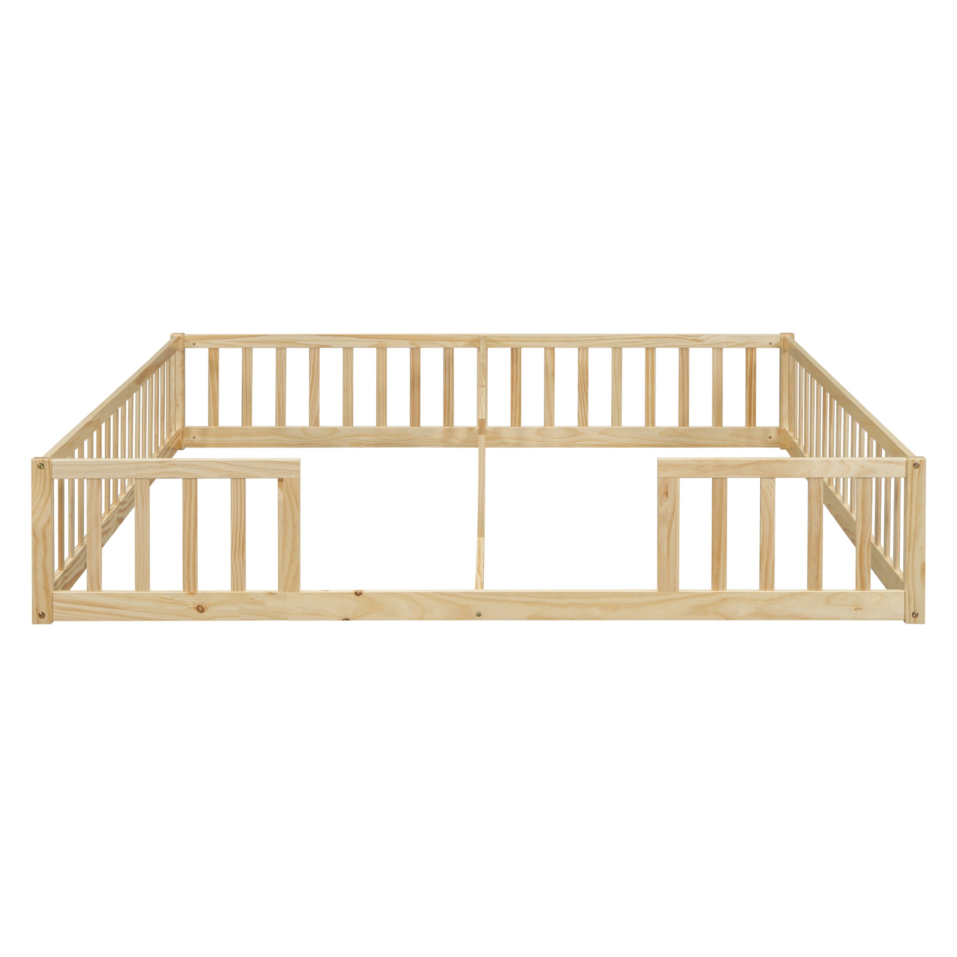 Double Twin Floor Bed With Fence, Guardrails, Without Door, Natural Twin Natural American Design Pine