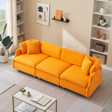 95.3 Inches Velvet Grey Two Throw Pillows, Spacious And Comfortable 3 Seat Sofa, Suitable For Modern Living Room. Orange Orange Teddy 3 Seat