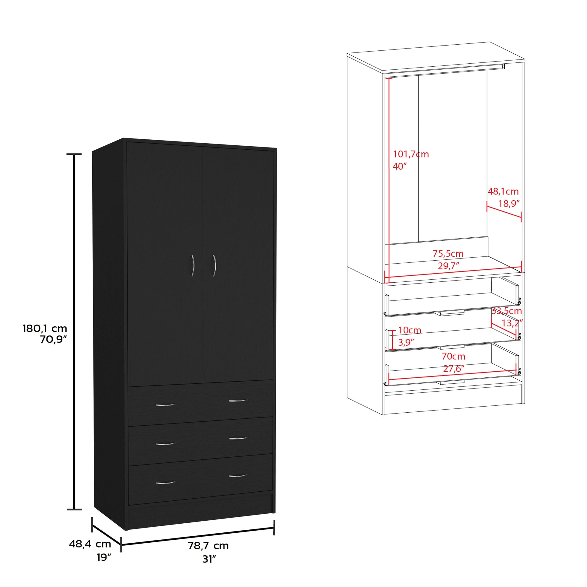 Taly Double Door Armoire Black Black Bedroom Modern Particle Board