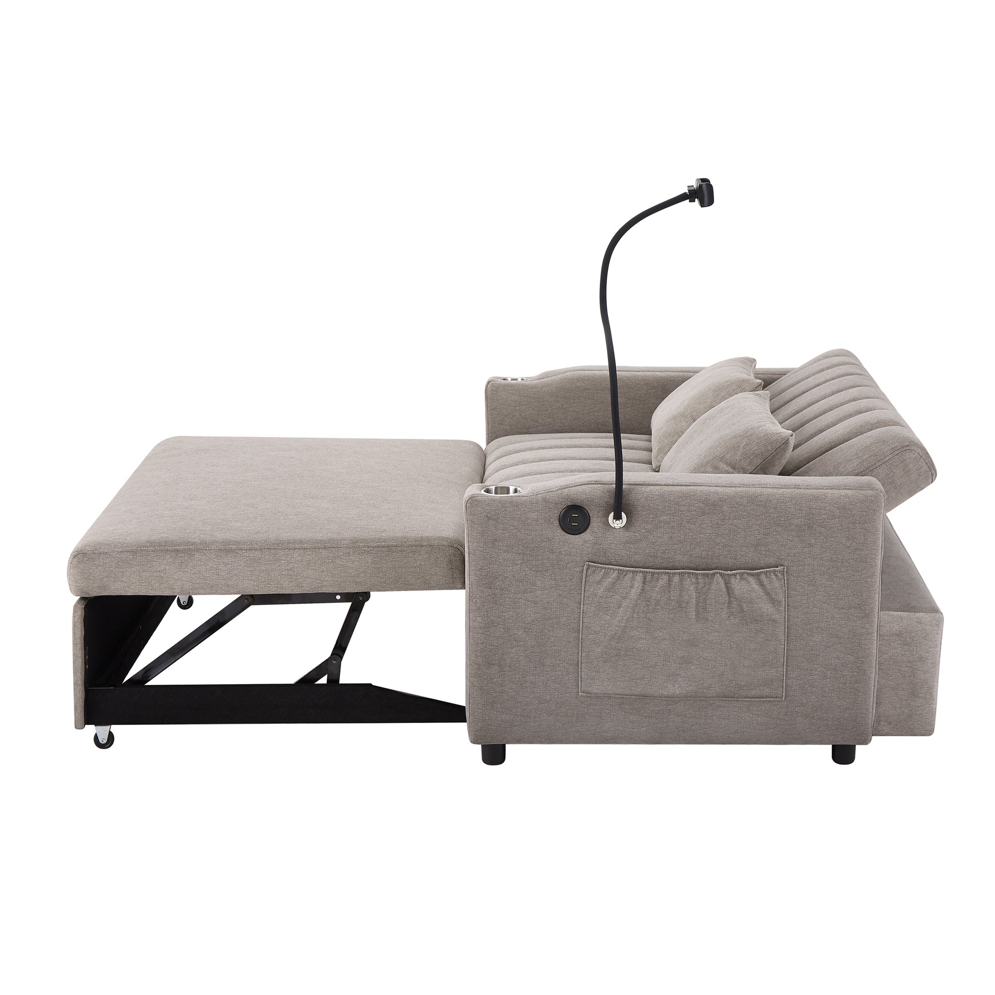 55.9" Convertible Sofa Bed Loveseat Sofa With Three Usb Ports, Two Side Pockets, Two Cup Holders And 360 Swivel Phone Holder For Living Room, Light Grey Light Grey Foam Polyester 2 Seat