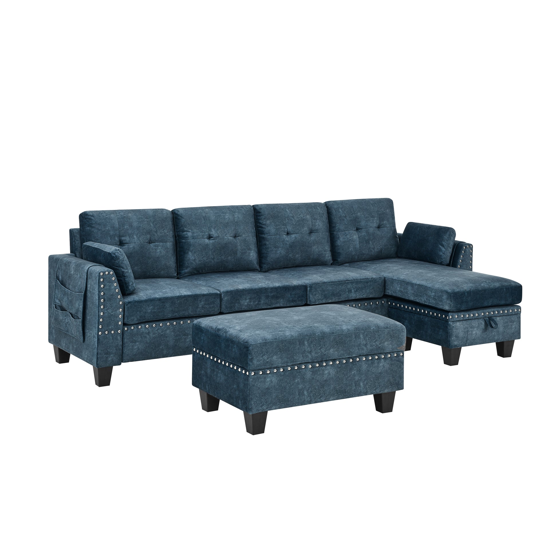 Sectional 3 Seaters Sofa ,Double Sided Multi Functional Footstool, Storage Matnon Slip Leg, Two Pillows, Velvet,Navy Blue Navy Blue Velvet 3 Seat