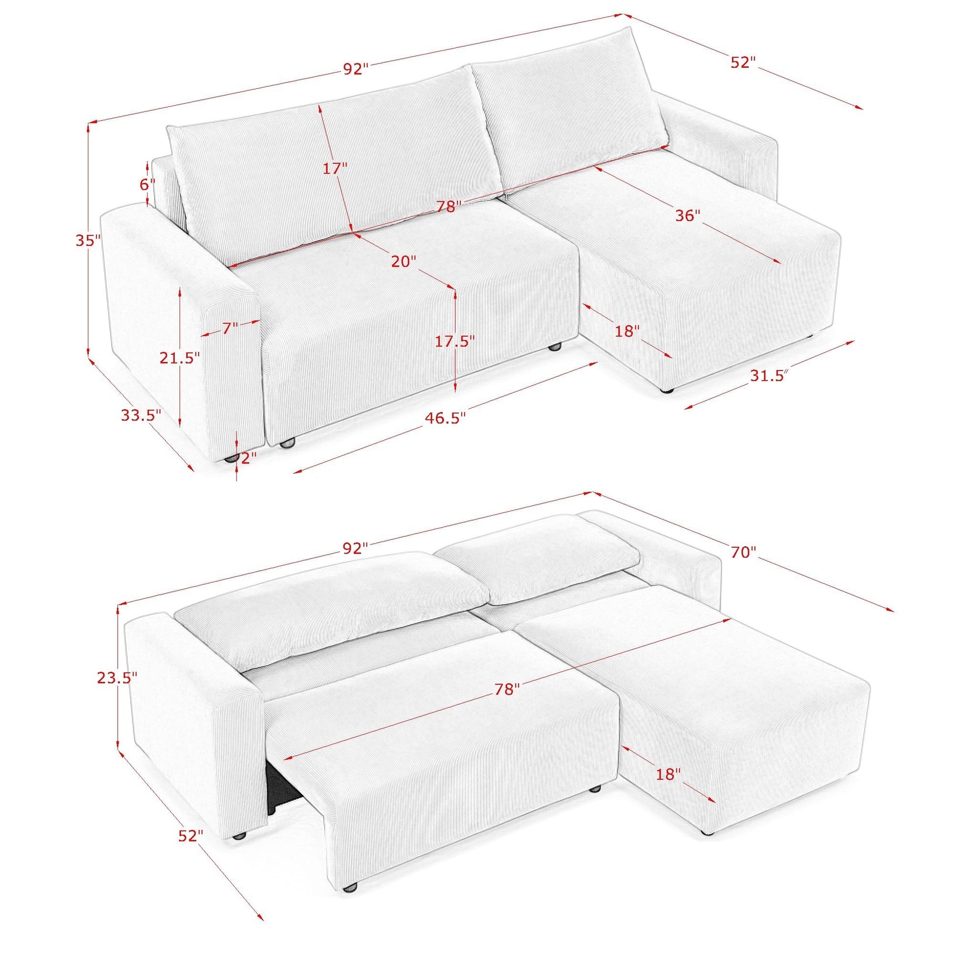Modular Corduroy Upholstered 3 Seater Sofa Bed With Storage For Home Apartment Office Living Room, Free Combination, L Shapedbeige Beige Wood Primary Living Space Medium Soft Pillow Back Eucalyptus Square Arms Foam Corduroy 3 Seat