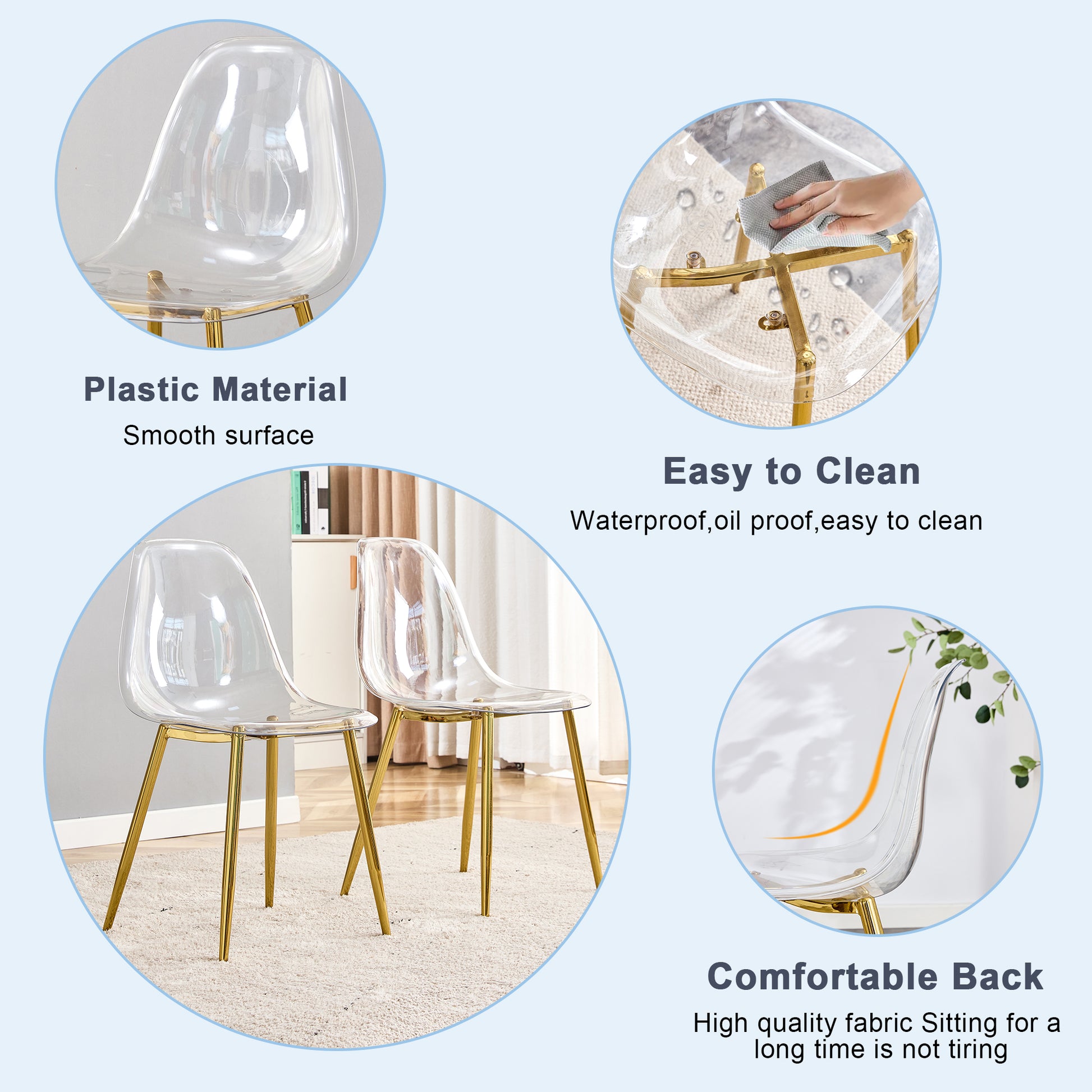 A Modern Minimalist Style Round Transparent Tempered Glass Table With Gold Metal Legs, Paired With 4 Modern Style Transparent Dining Chairs For A Luxurious Experience. Transparent Seats 4 Glass