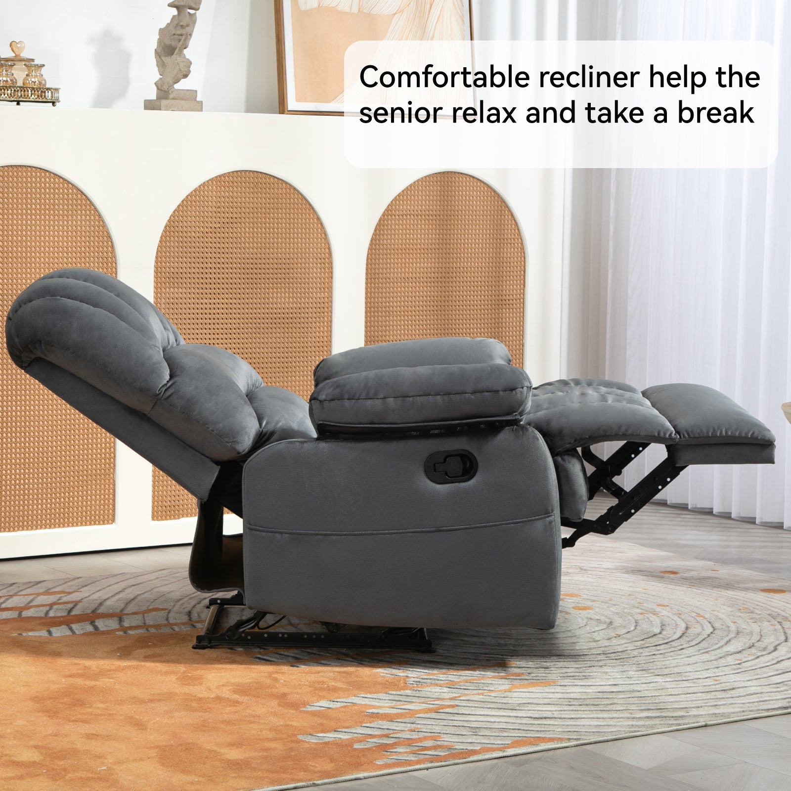 Large Manual Recliner Chair In Fabric For Living Room, Grey Grey Polyester Manual Handle Metal Primary Living Space Medium Firm Cushion Back Heavy Duty American Design Pine Pillow Top Arms Fiber Foam And Polyester Fiber Pad Fabric