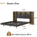 Floating Queen Bed Frame With Led Light And Bookcase Storage Headboard Queen Size Upholstered Platform Bed With Charging Station ,No Box Spring Needed,Easy Assembly, Black Rustic Box Spring Not