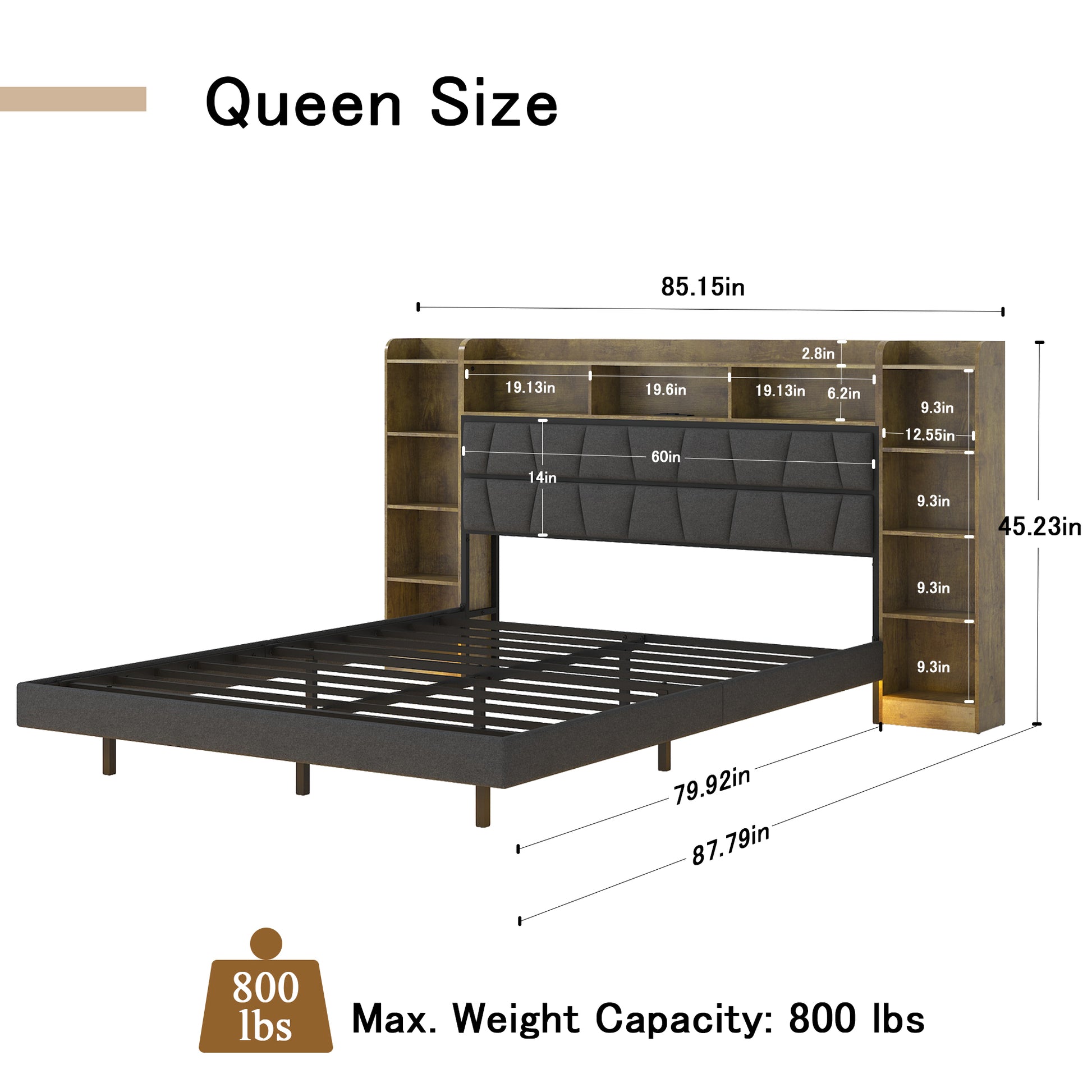 Floating Queen Bed Frame With Led Light And Bookcase Storage Headboard Queen Size Upholstered Platform Bed With Charging Station ,No Box Spring Needed,Easy Assembly, Black Rustic Box Spring Not