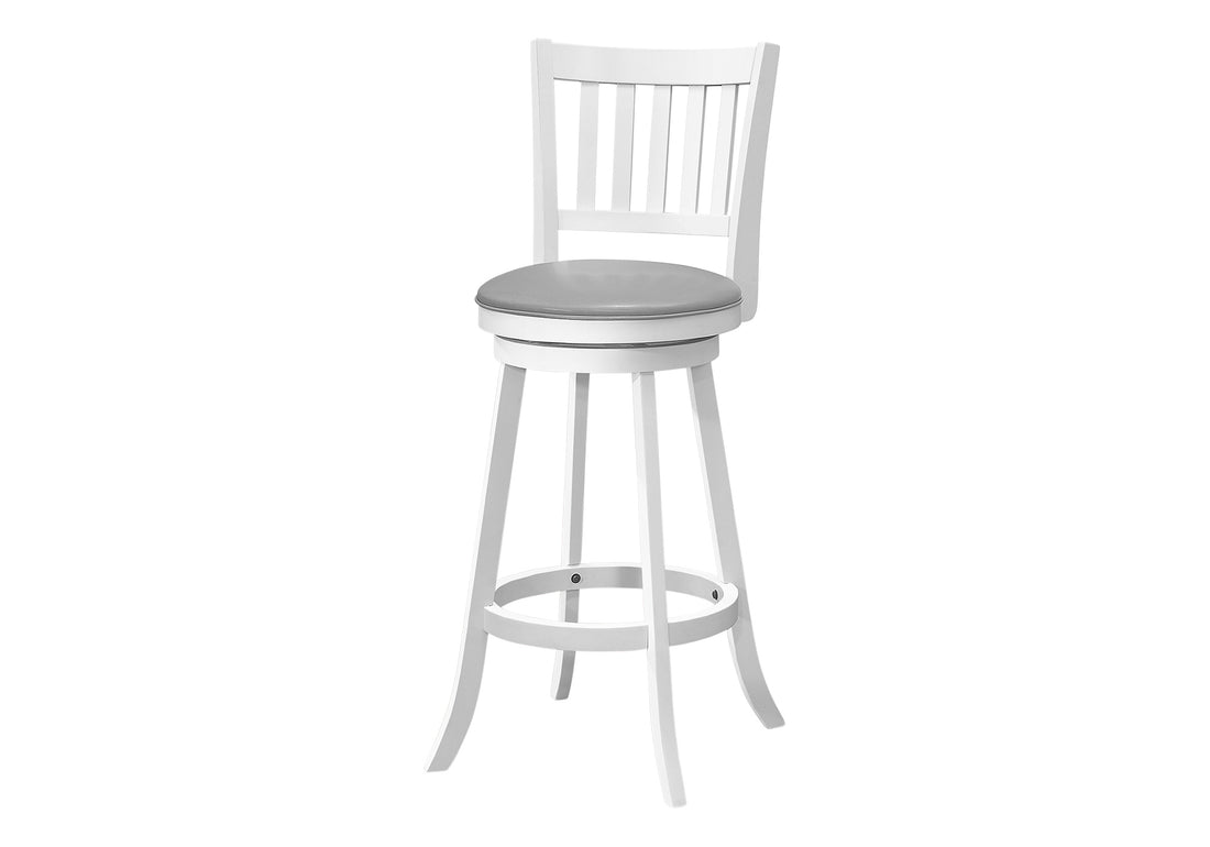 Bar Stool, Set Of 2, Swivel, Bar Height, White Wood, Grey Leather Look, Transitional White Foam Solid Wood