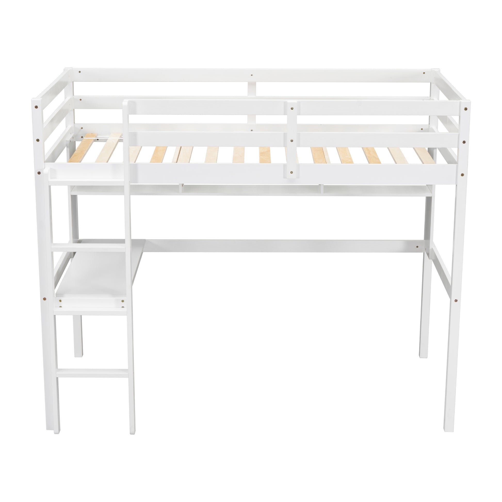 Twin Loft Bed With Built In Desk And Bookcase Of Three Compartments, Guardrails And Ladder,White Twin White Pine