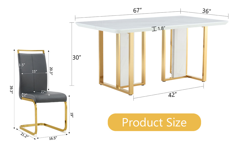 Table And Chair Set.67"X36" White Marble Pattern Mdf Dining Table Set With 6 Dark Gray Pu Chairs.Mdf Sticker,White Marble Pattern Sticker,Gold C Tube Chair Legs,Suitable For Kitchen,Dining Room,Etc.