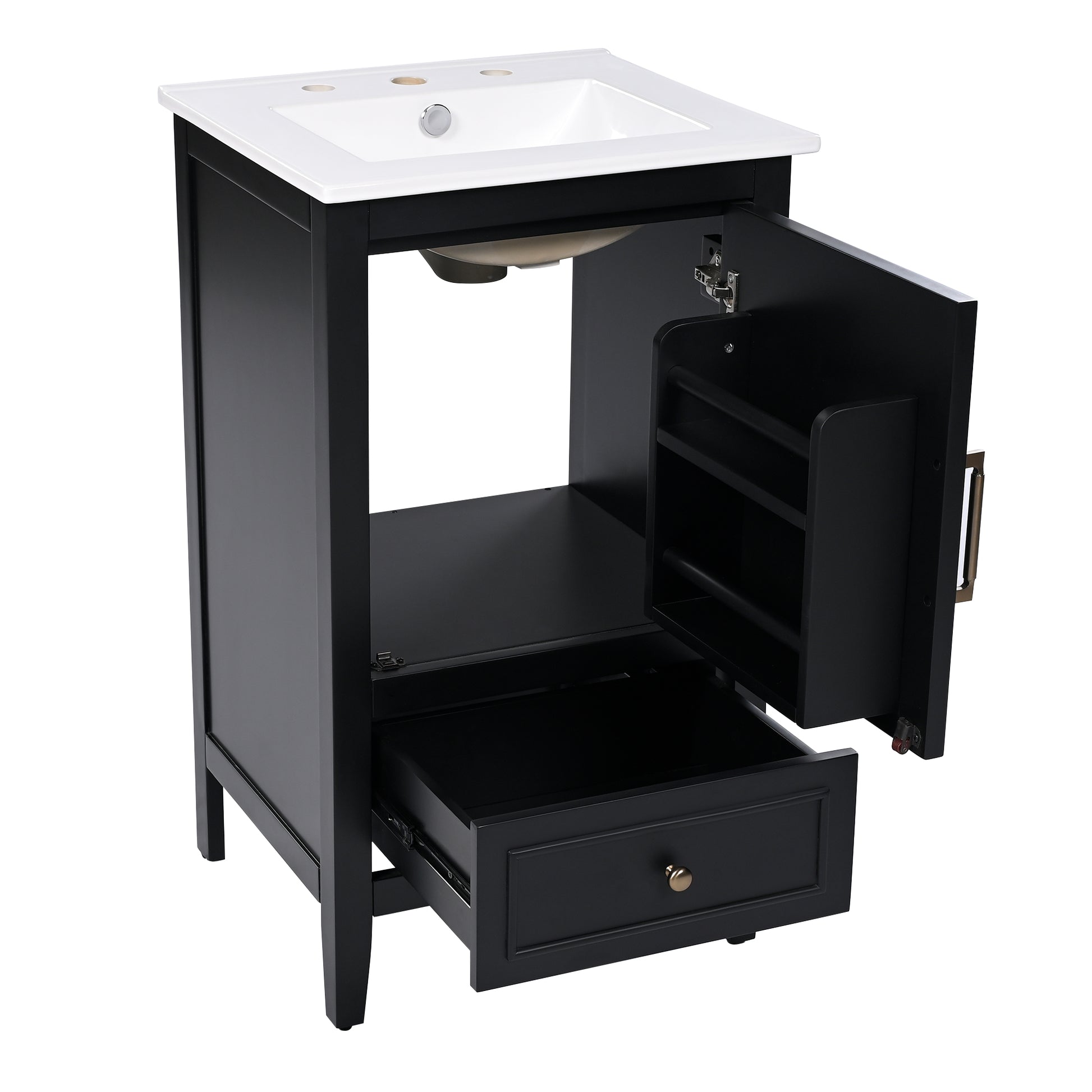 20" Bathroom Vanity With Sink, Bathroom Cabinet With Two Doors, Door Shelf Storage And Adiustable Foot Pads, A Drawer, Black Black Solid Wood Mdf