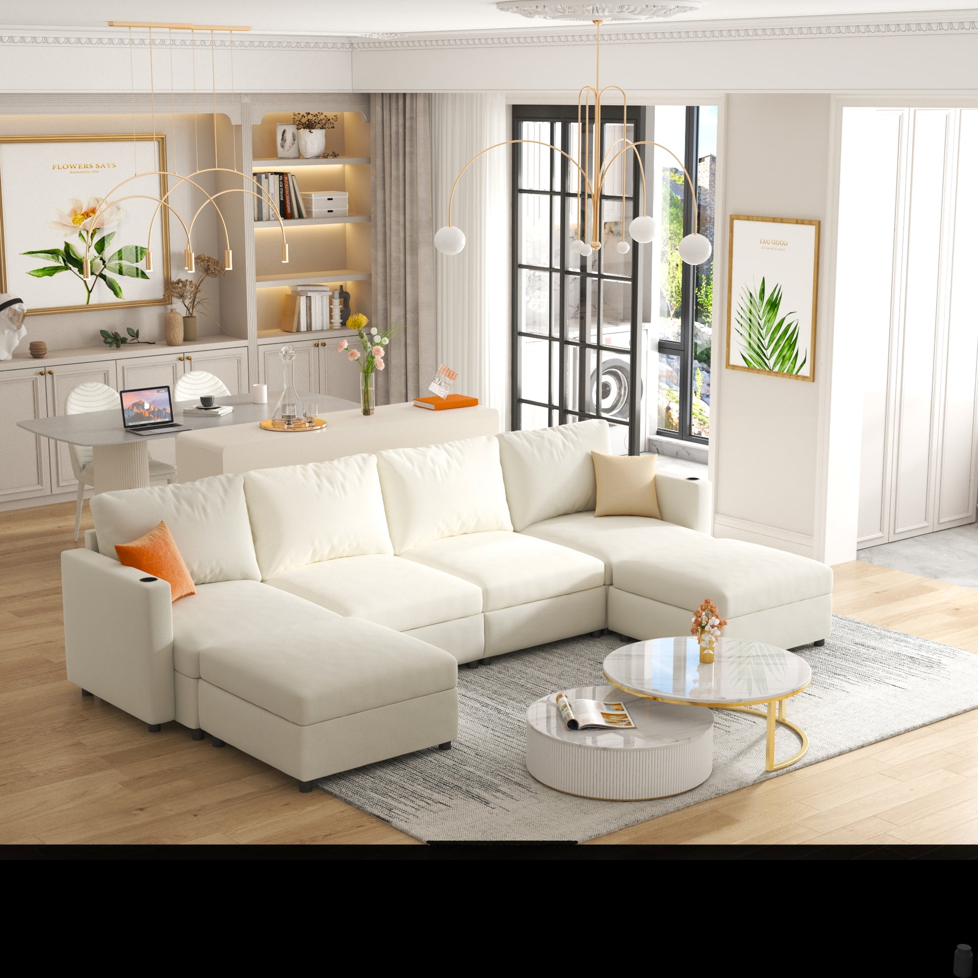 Modern Large Sectional Sofa, U Shape Modular Sectional Couch With Storage Function,123" Sofa Bed With Ottoman,6 Seat Sectionals Chaise For Living Room,Chenille Antique White Fabric 6 Seat
