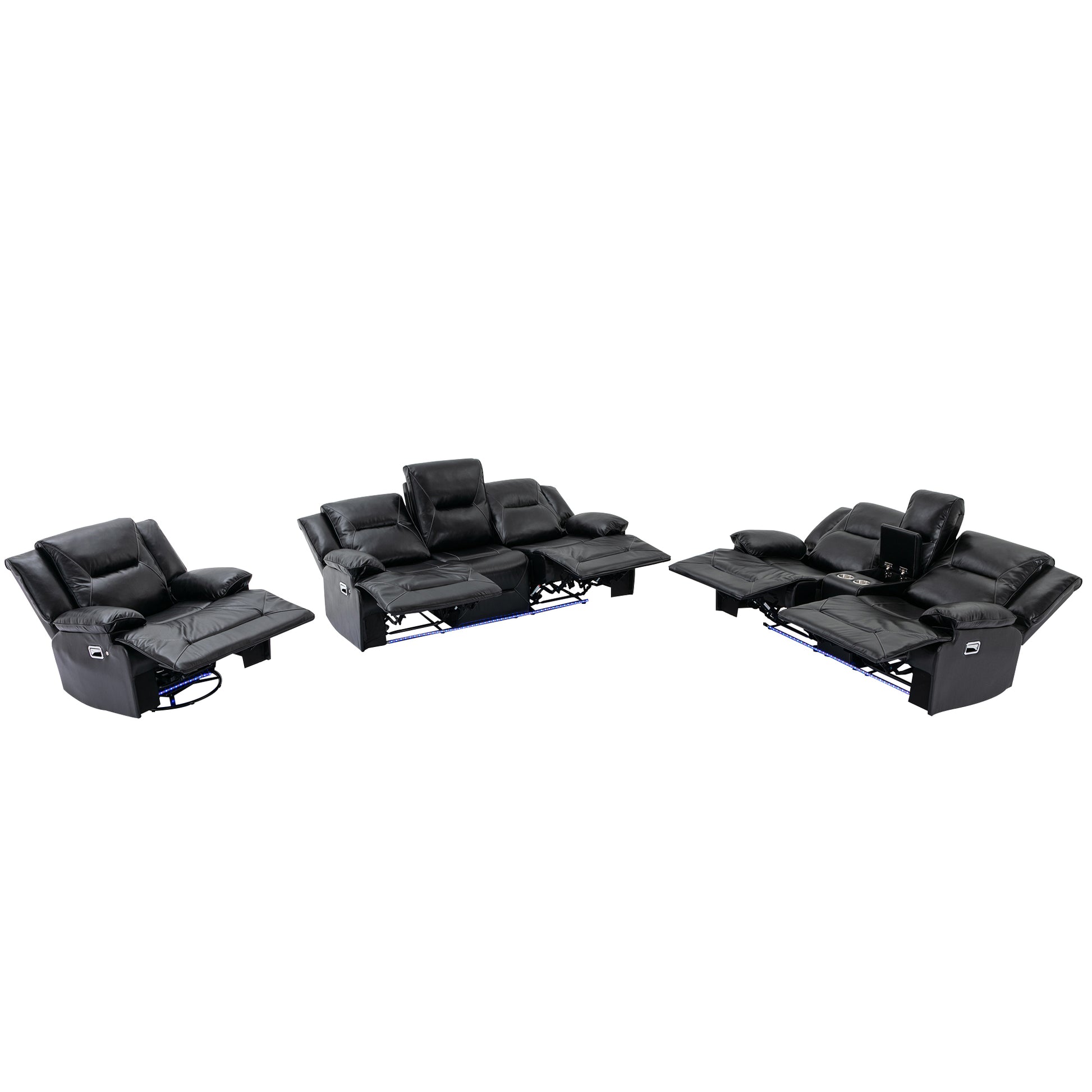 Home Theater Recliner Set Manual Recliner Chair With A Led Light Strip Two Built In Cup Holders For Living Room,Bedroom, Black Black Foam Pu