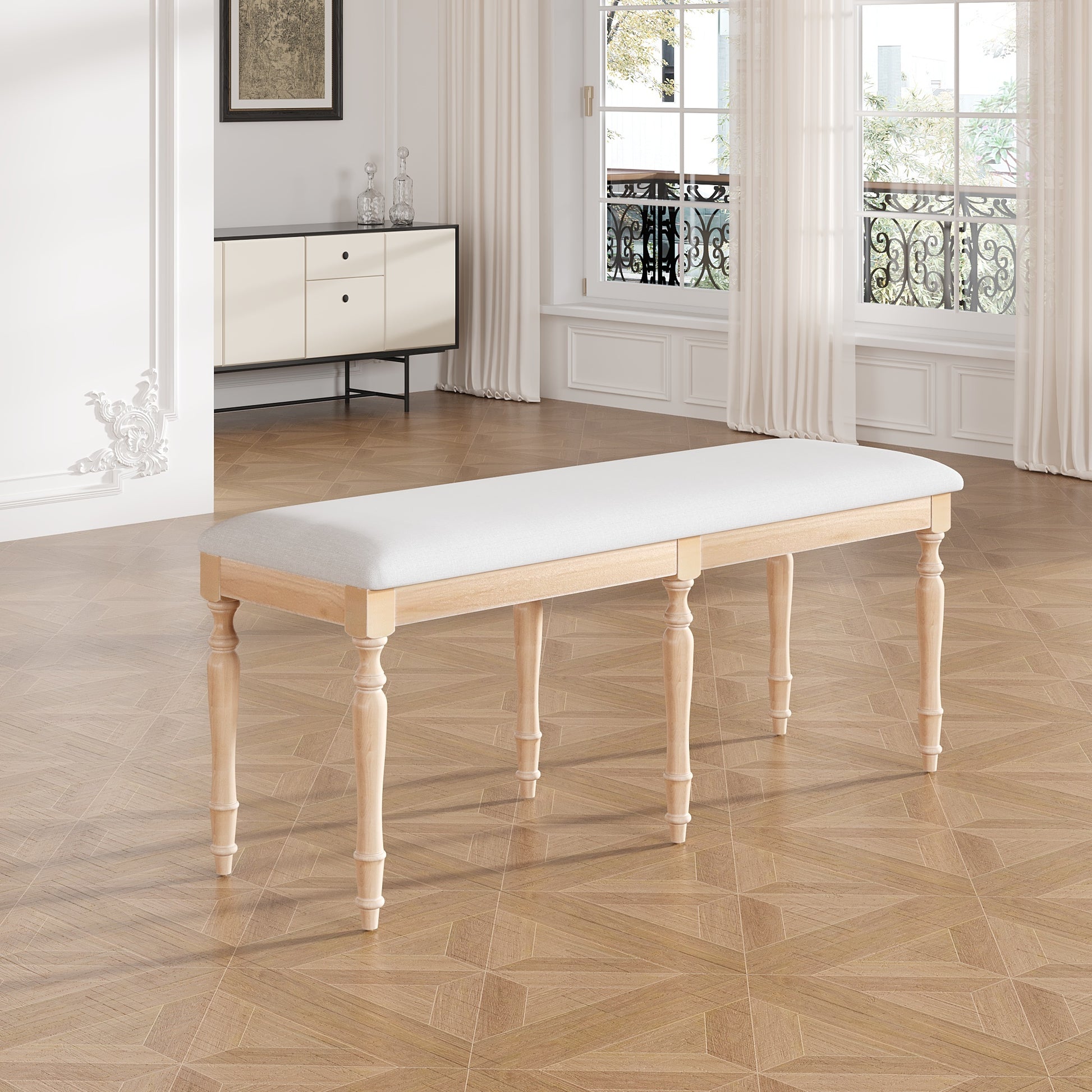 Vintage Traditional 50.4Inch Upholstered Dining Bench With 6 Solid Wood Legs, Natural Natural Dining Room Traditional Rubberwood Foam Rubber Wood