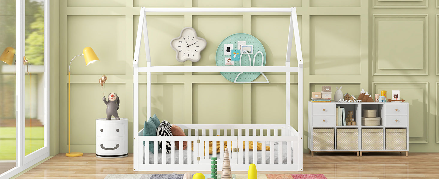 Full Size Wood House Bed With Fence And Door, White Old Sku: Wf303134Aak Box Spring Not Required Full White Wood Bedroom Bed Frame Pine
