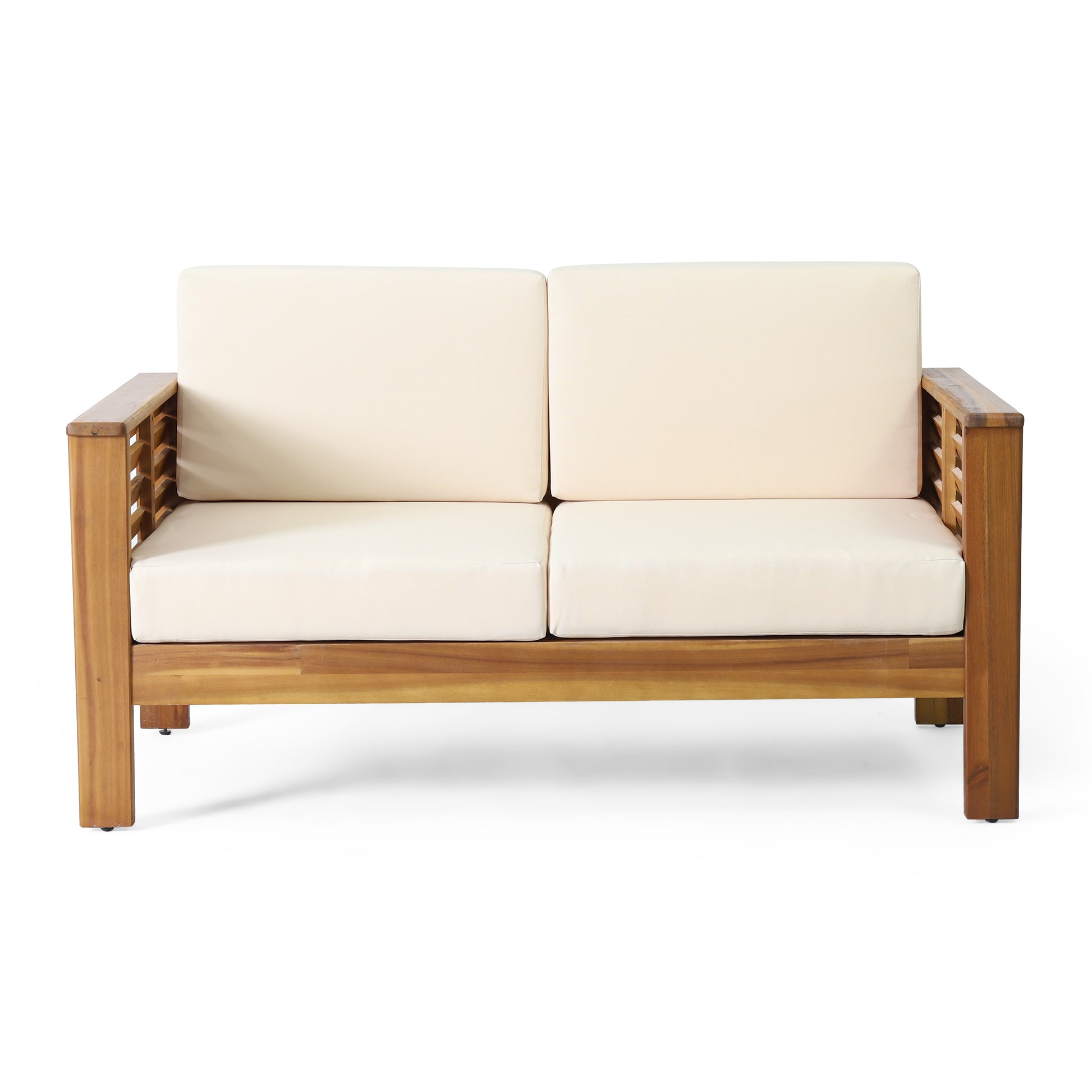 Teak Acacia Wood Loveseat And Coffee Table Set With Cream Cushions Yes Brown Seats 2 Foam Acacia Wood