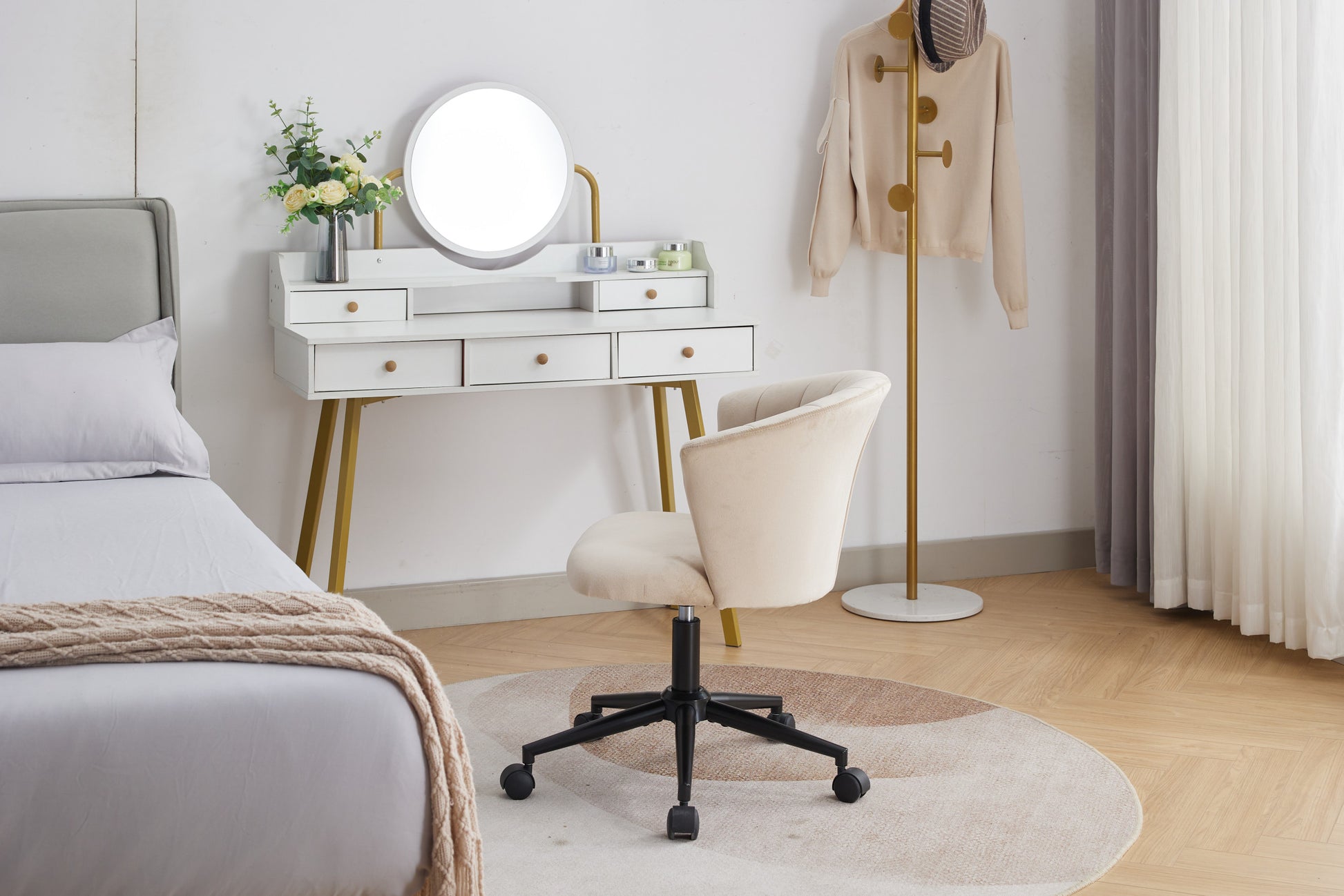Home Office Chair, Velvet Fabric Swivel Flower Shape Computer Desk Chair For Home Office Or Bedroom Camel Foam Polyester Blend